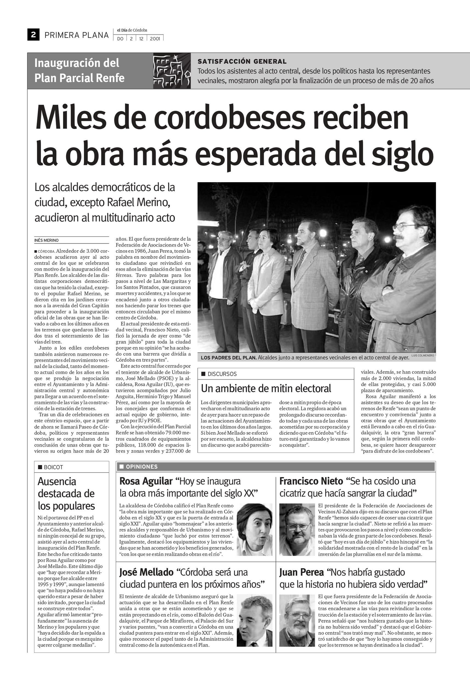 Primera Plana de 'el Día' tras la inauguración del Plan Renfe.