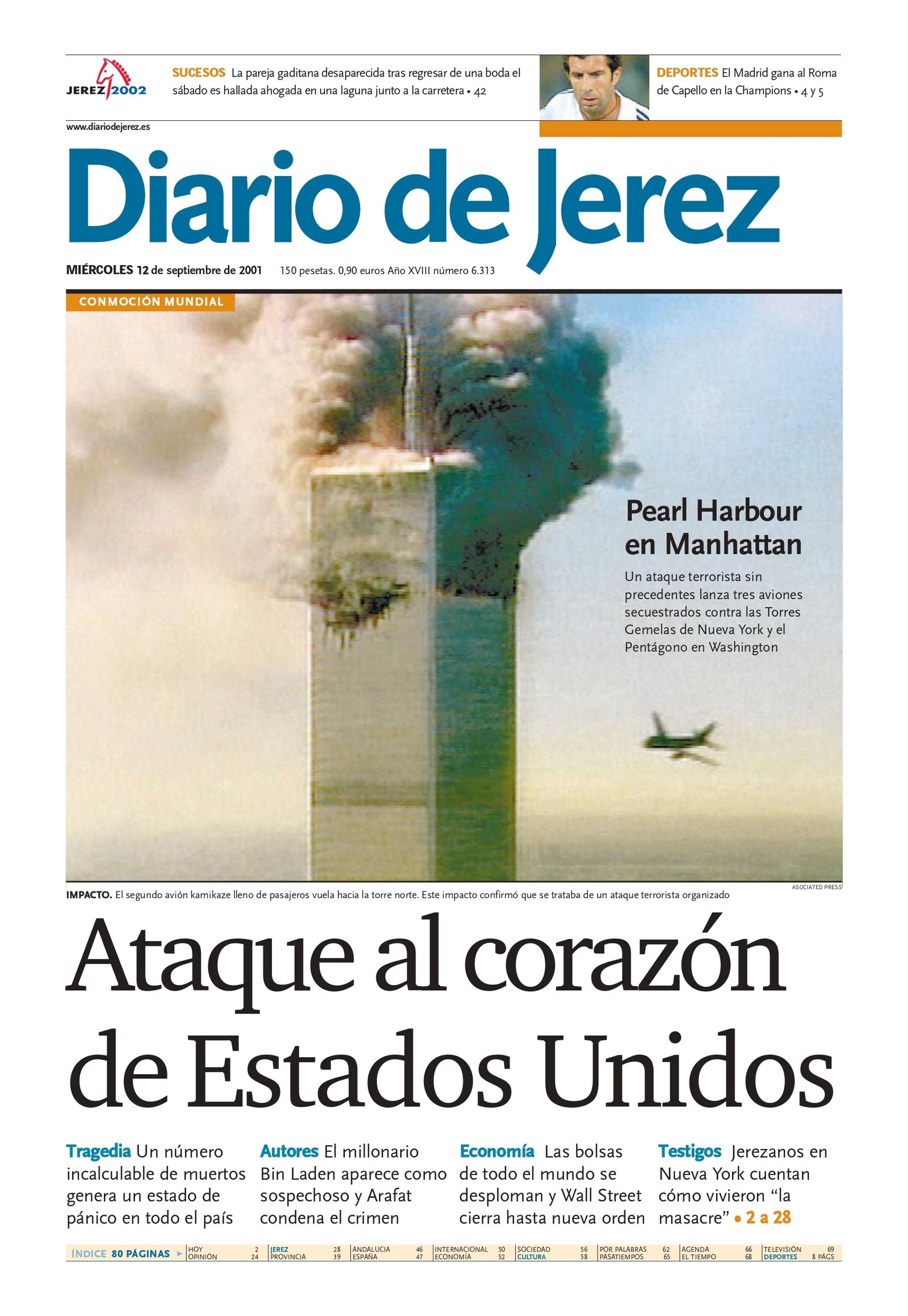 Portada del ataque de las torres gemelas en 2001, año en el que nació la versión digital de Diario de Jerez