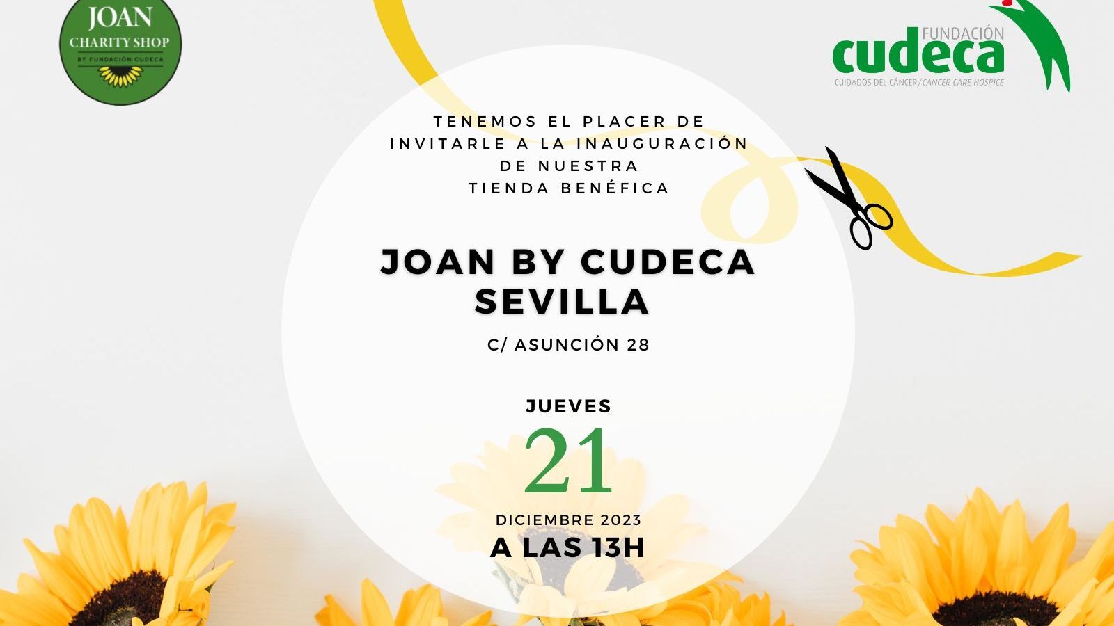 Invitación para la inauguración de la nueva tienda de Cudeca en Sevilla.