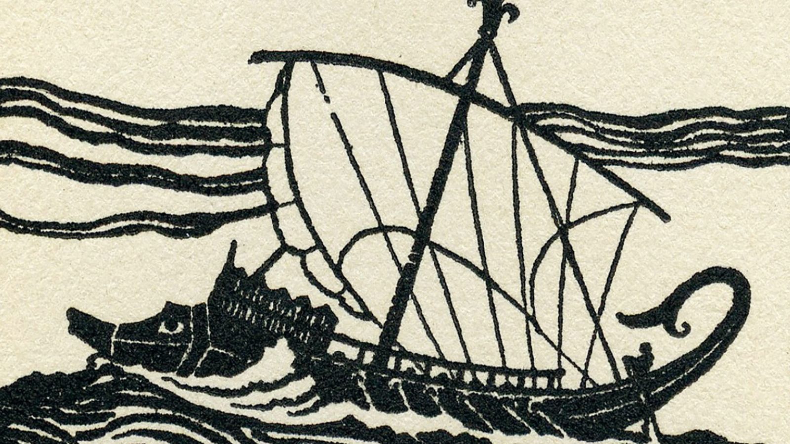 Litografía del barco de Ulises (1929), obra de N.C. Wyeth que ilustra la cubierta.