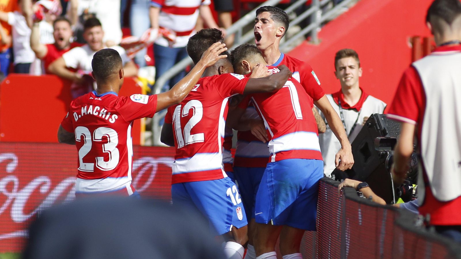 Los jugadores rojiblancos celebran el tanto de Álvaro Vadillo.