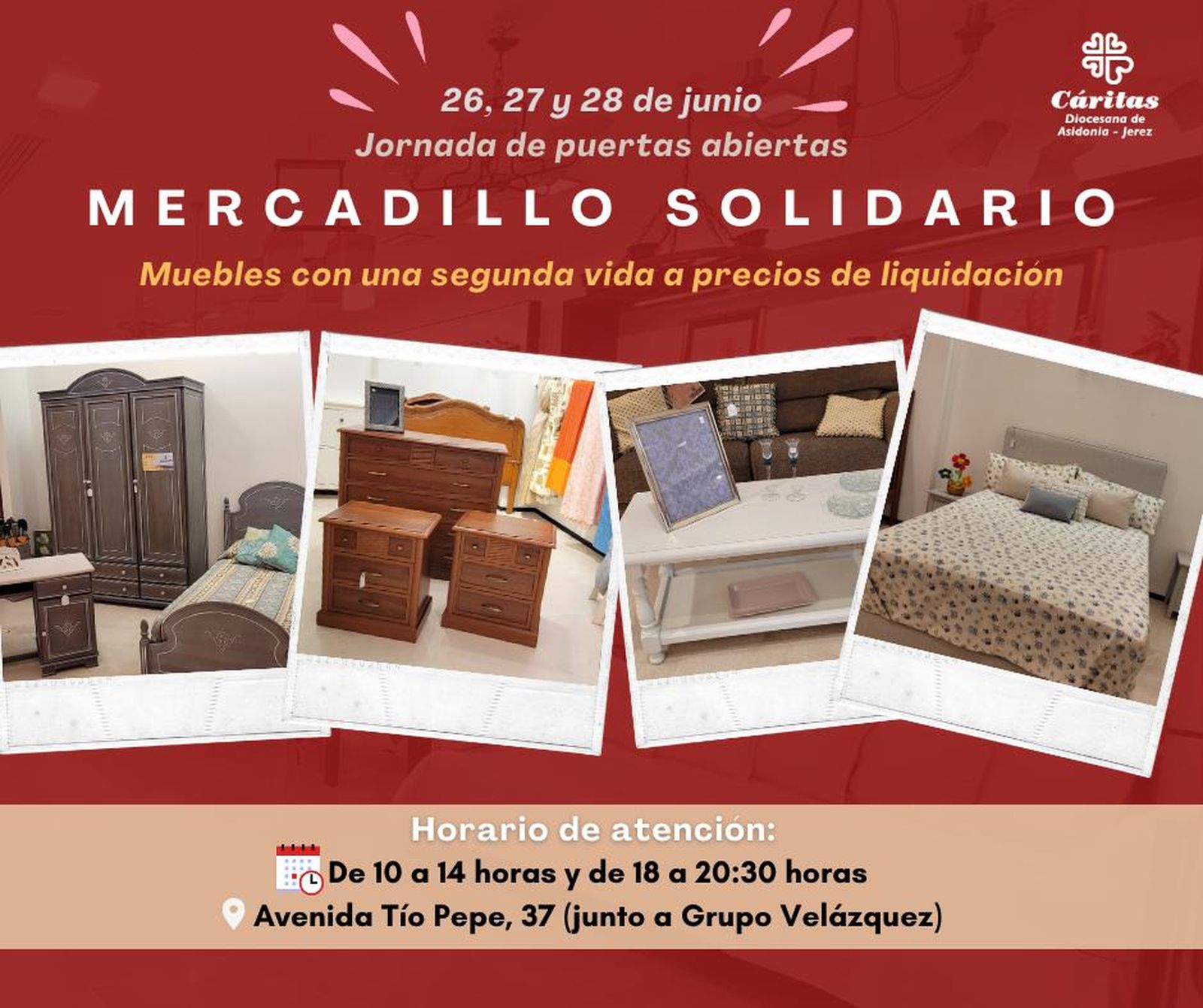 Cáritas organiza un mercadillo solidario los días 26, 27 y 28 de junio en Jerez.