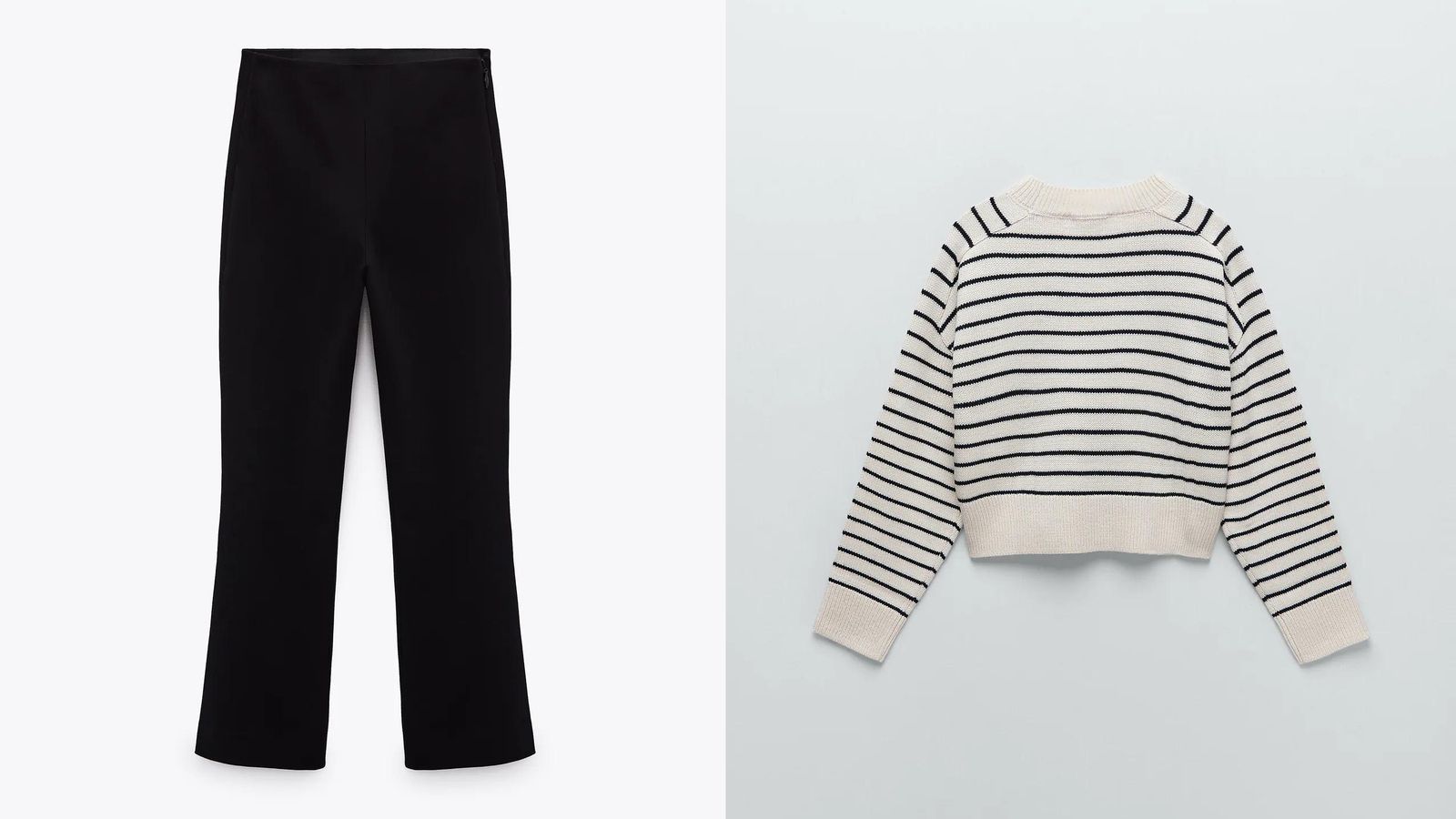 Leggins tobilleros de campana de Zara con un jersey de rayas marineras, también de Zara.