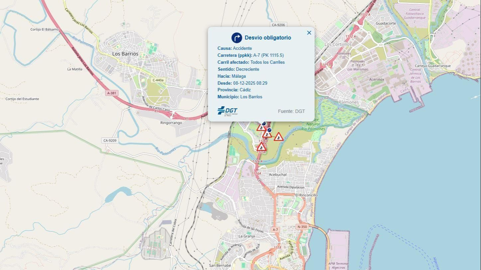 El accidente de este lunes en la A-7, registrado por la Dirección General de Tráfico.