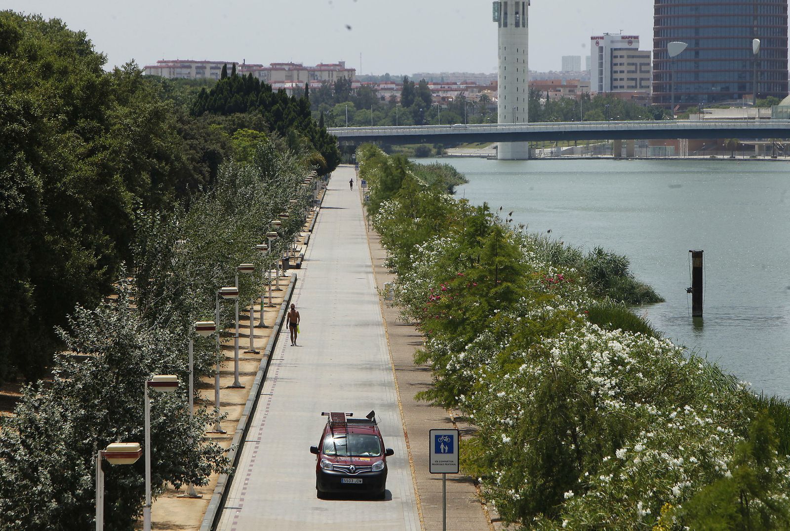 Una vista del paseo Rey Juan Carlos I, con la Pasarela de la Cartuja al fondo.