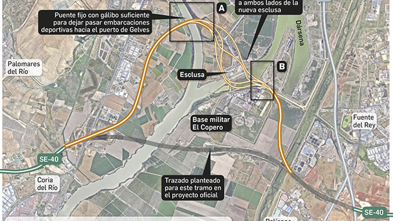 Propuesta para el paso del río de la SE-40 en el punto más estrecho