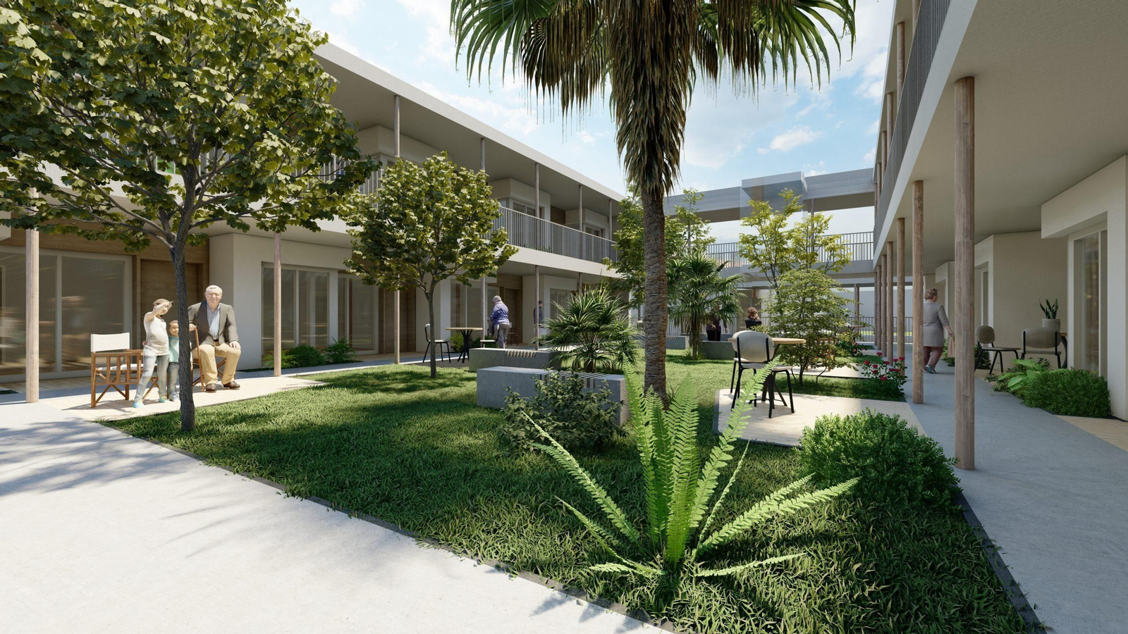 Boceto del edificio de apartamentos tutelados. Así será el futuro geriátrico en el antiguo hotel Palmera Plaza