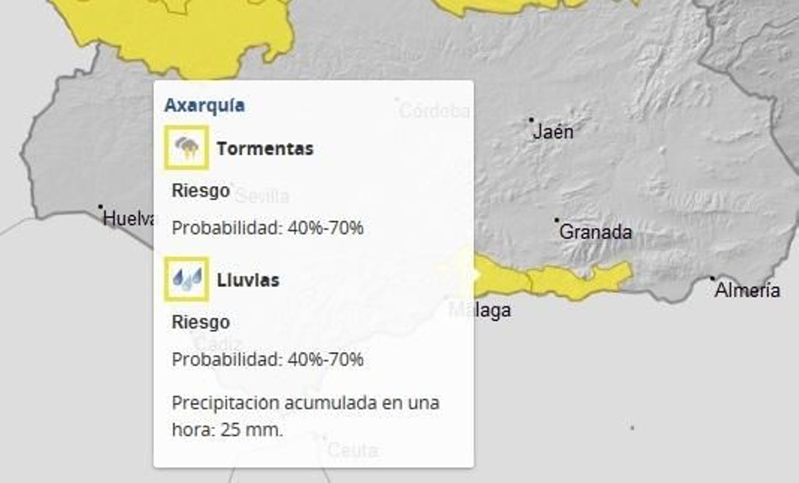 Activan el aviso amarillo por riesgo de lluvias fuertes y tormentas en la Axarquía