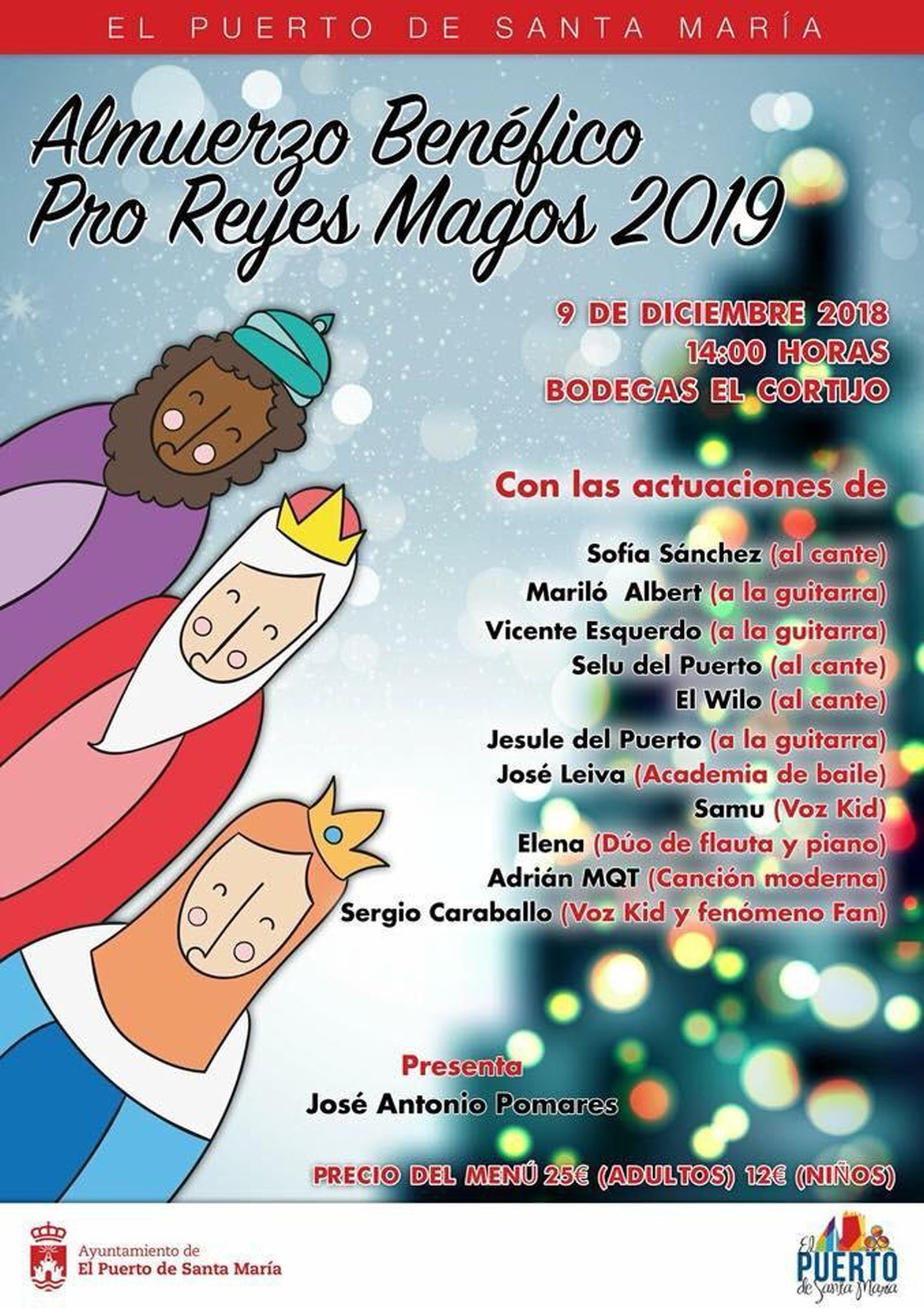 Cartel anunciando el almuerzo benéfico pro reyes magos.