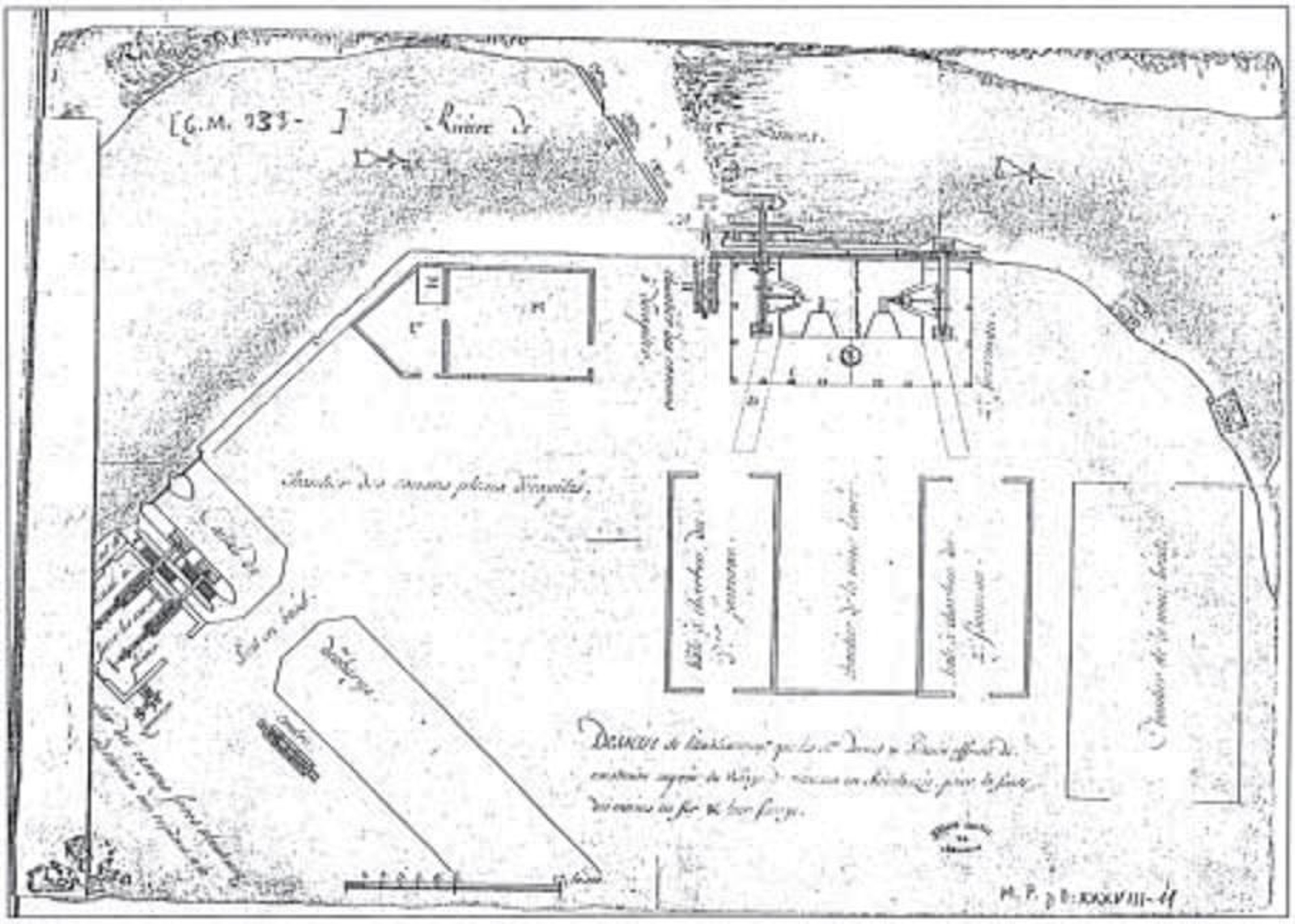 Plano de las instalaciones de la fábrica del Río Guadiaro realizado por los técnicos franceses Drouet y Pointevin. Esta fábrica no llegó a funcionar.