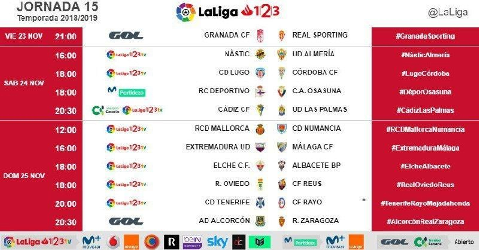 Horarios de la Jornada 15 de LaLiga 1|2|3.