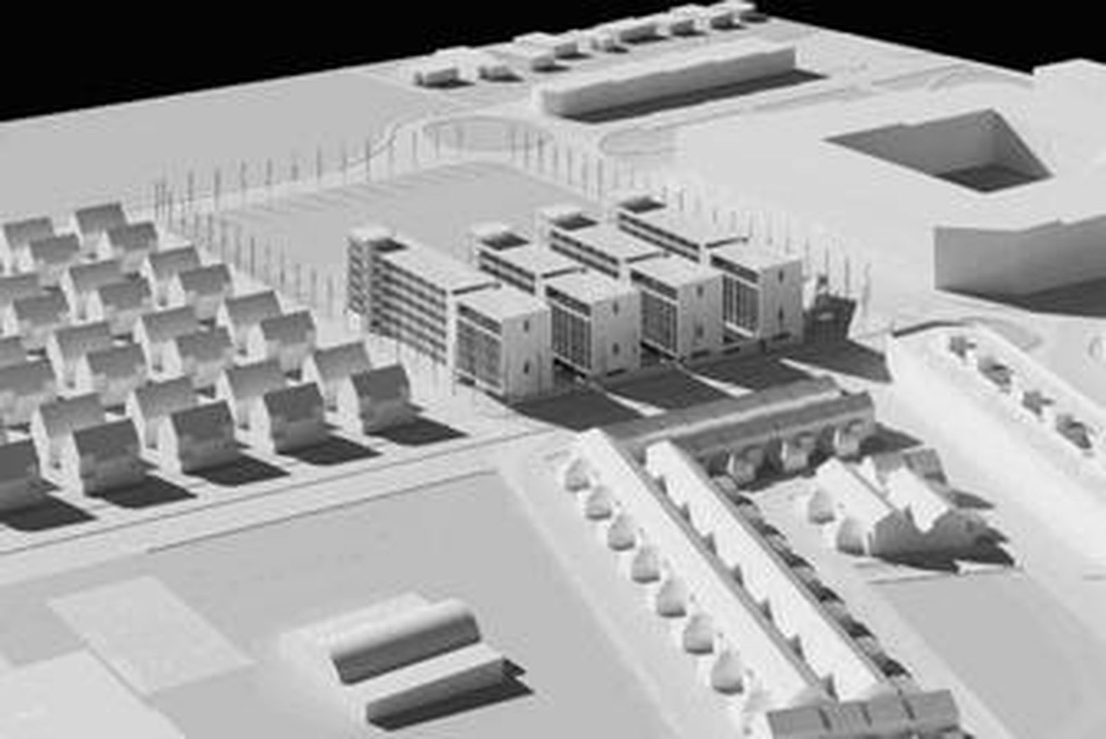 Las viviendas se distribuyen en cuatro bloques paralelos.