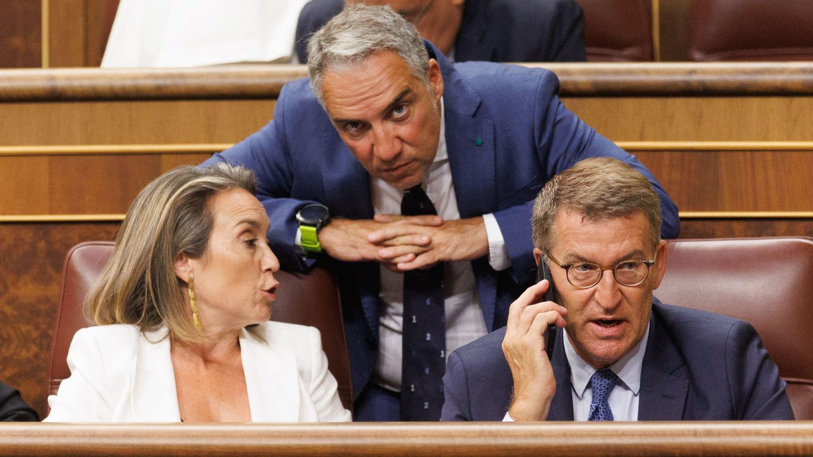 Elías Bendodo con Cuca Gamarra y Alberto Núñez Feijóo en el Congreso.