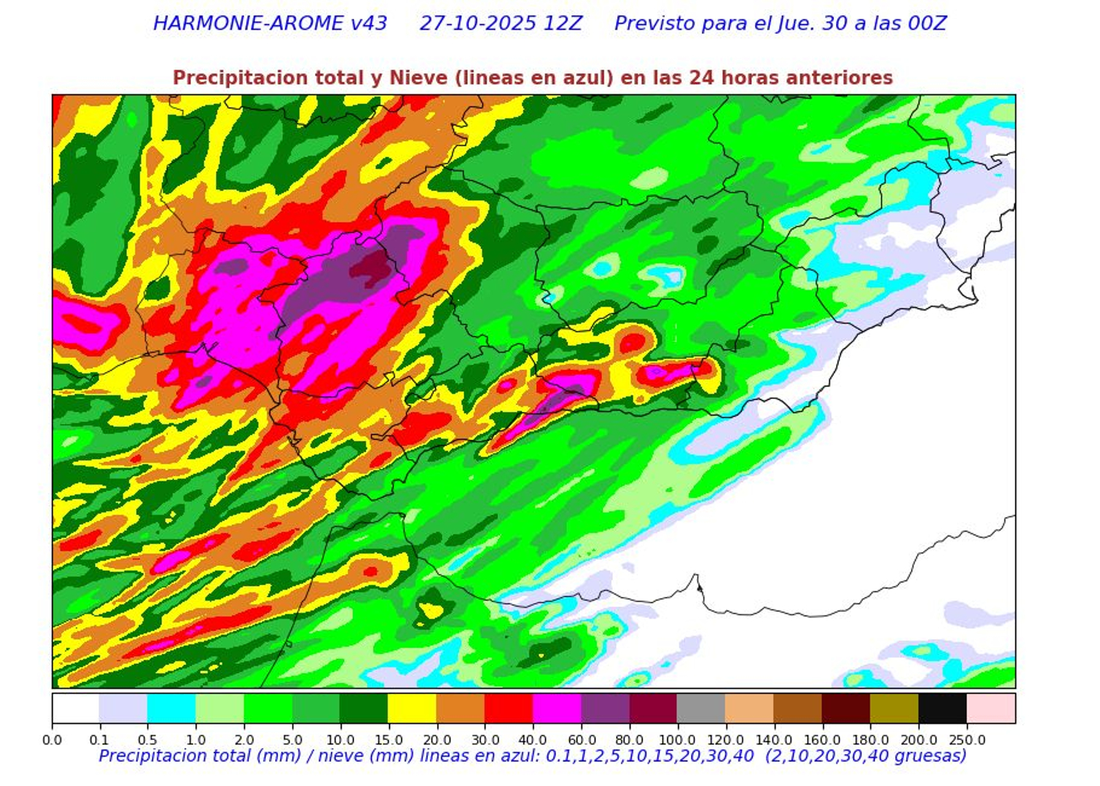 Precipitación acumulada prevista por Aemet para el jueves 30 de octubre.