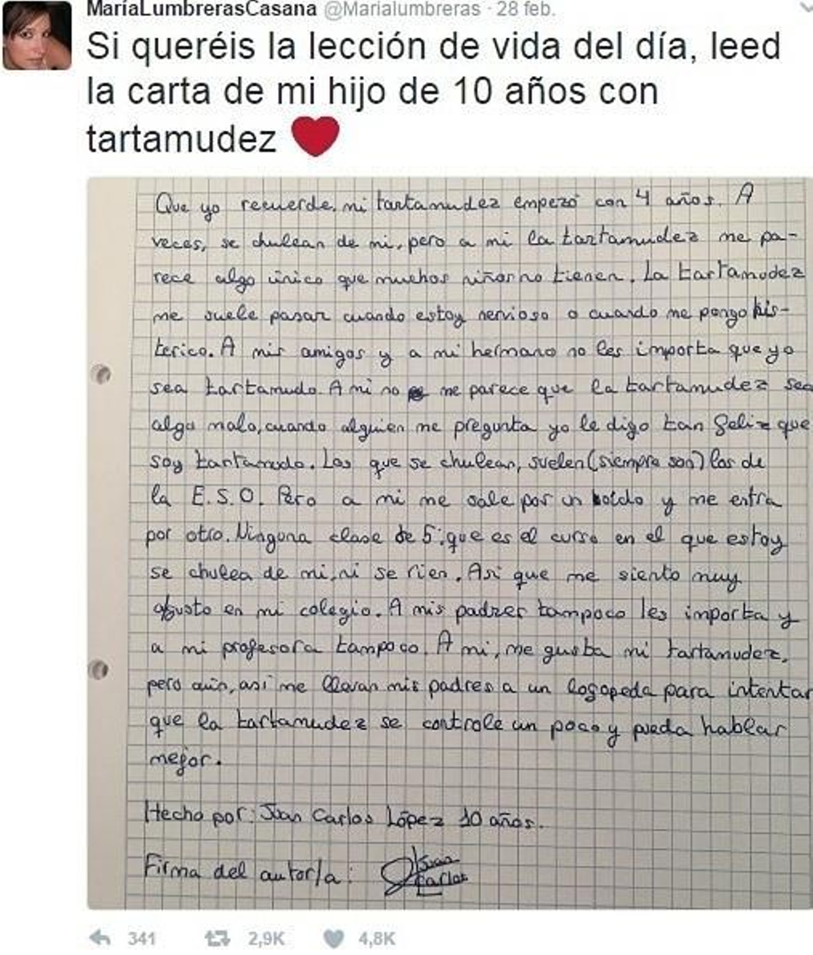 Captura de pantalla del 'tuit' con la carta adjunta.