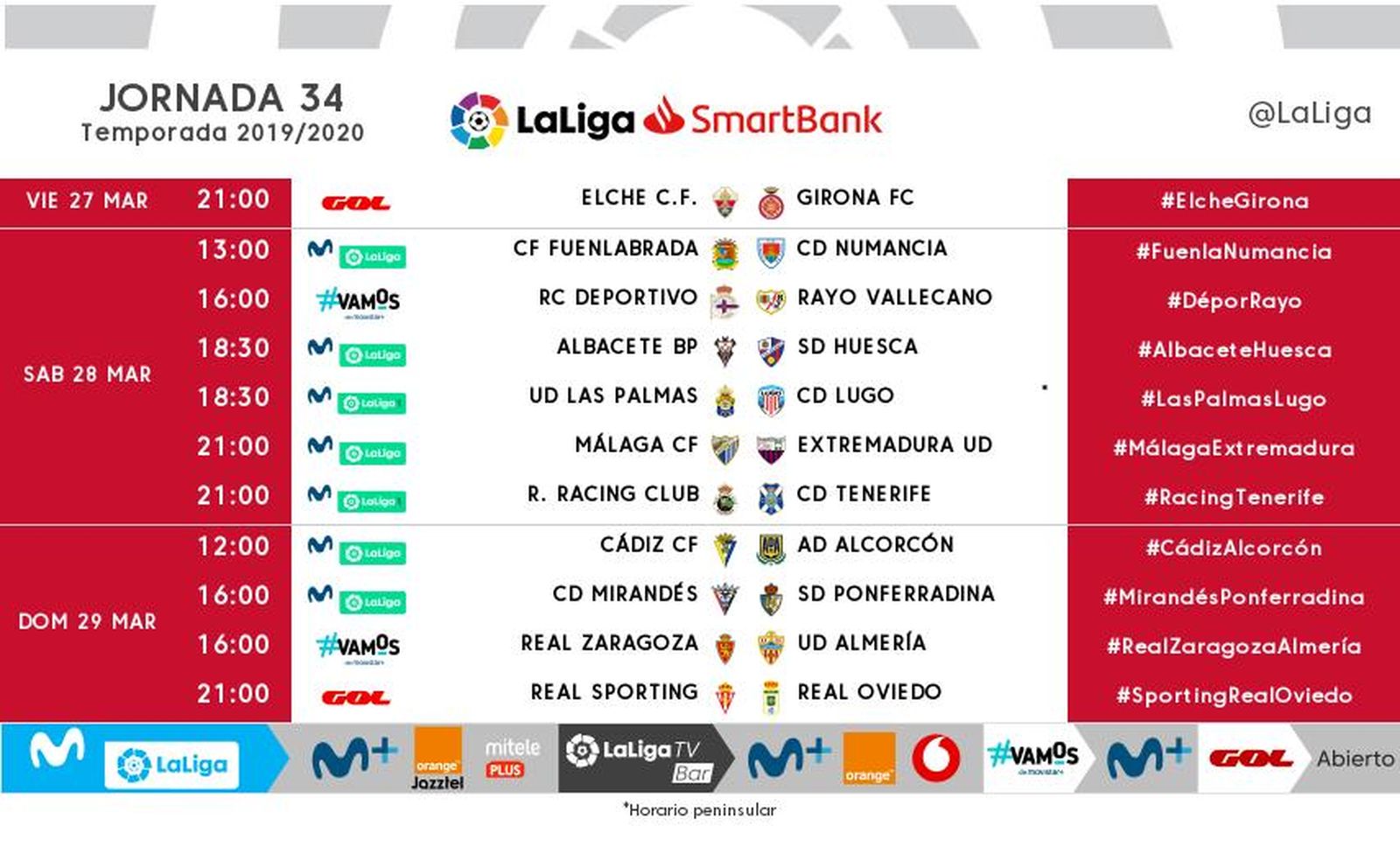Todos los horarios de la jornada 34 de Segunda División