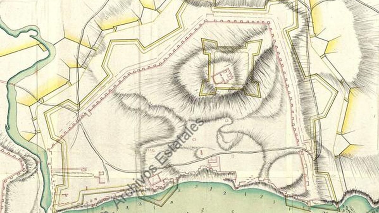 Detalle de un plano de la “Serie Verboom”, en el cual son visibles, además de las murallas medievales, la fortificación proyectada por Verboom, y los caminos que atravesaban el mar de ruinas, así como algunos cortijos.