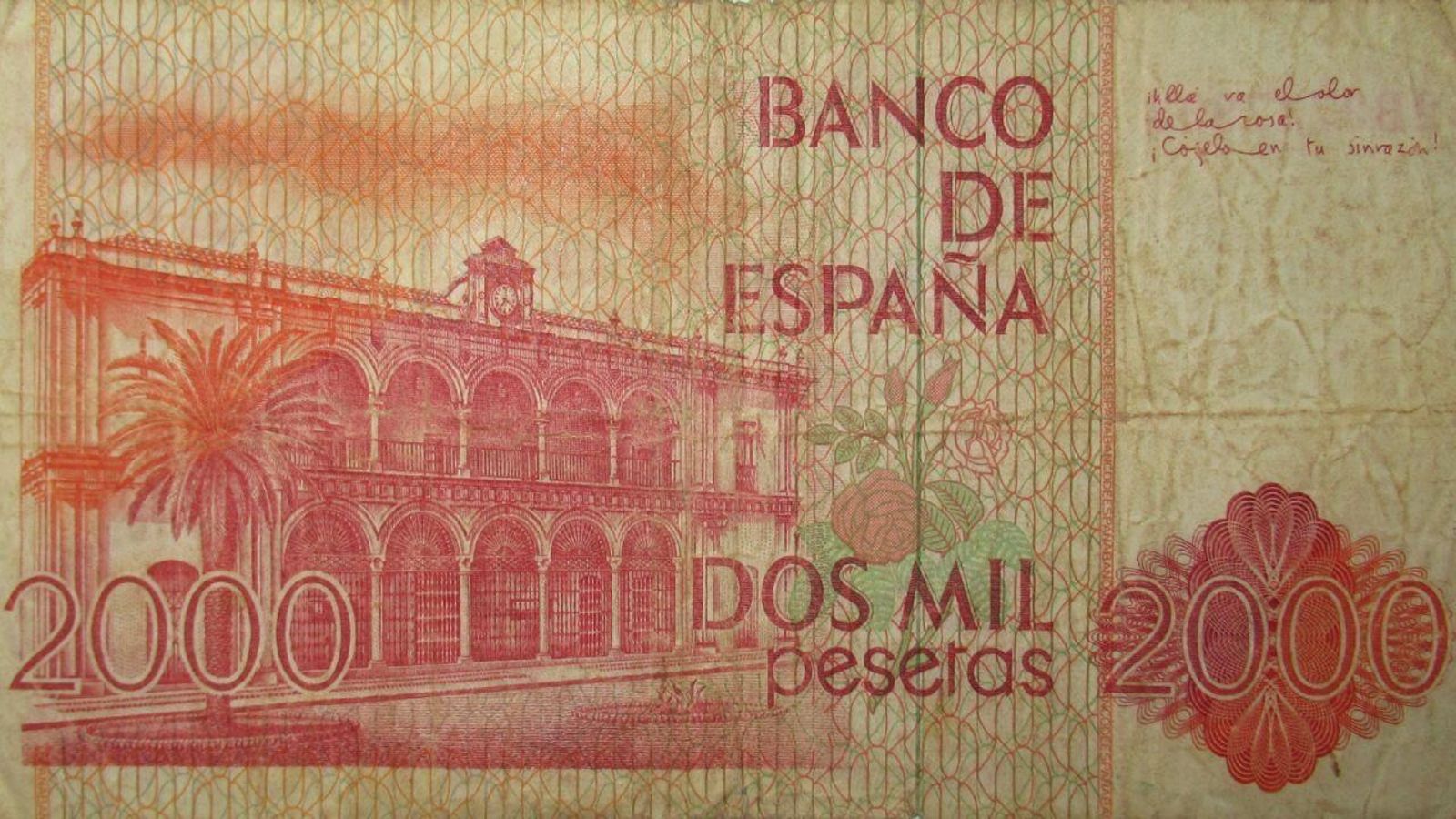 Reverso del billete con el Ayuntamiento de Moguer y una frase del célebre Juan Ramón Jiménez