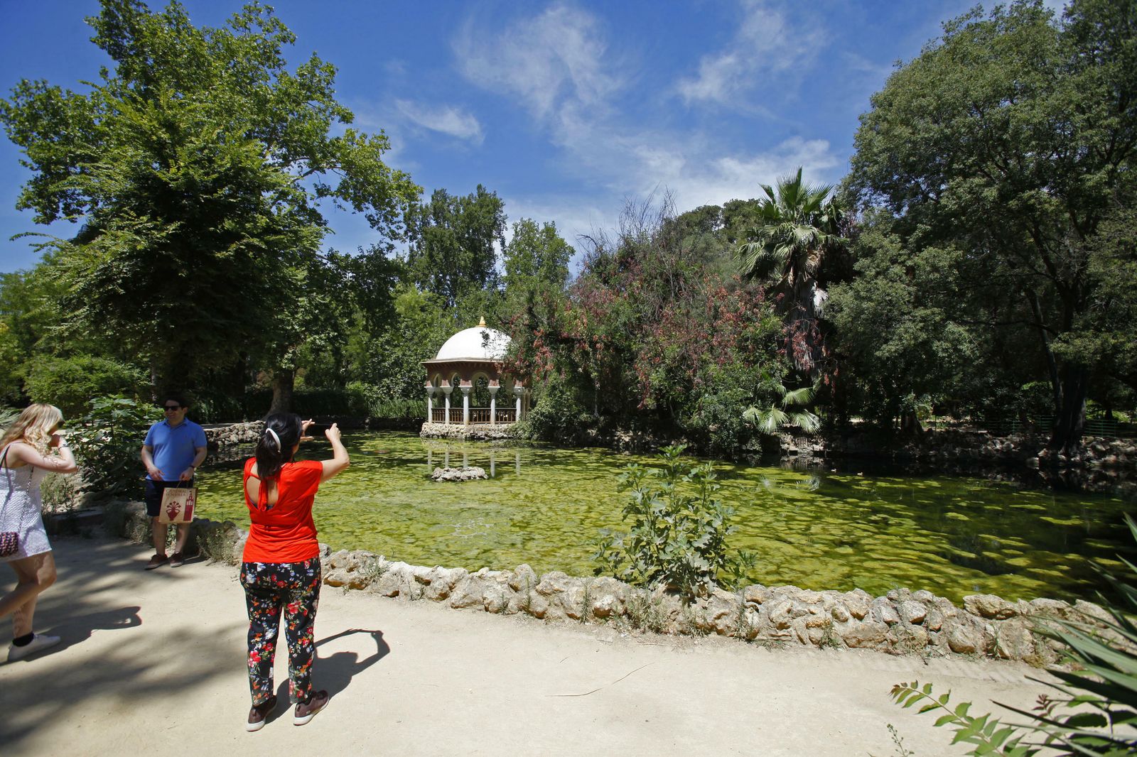 Unos turistas hacen fotos al estanque que aparece cubierto de algas.