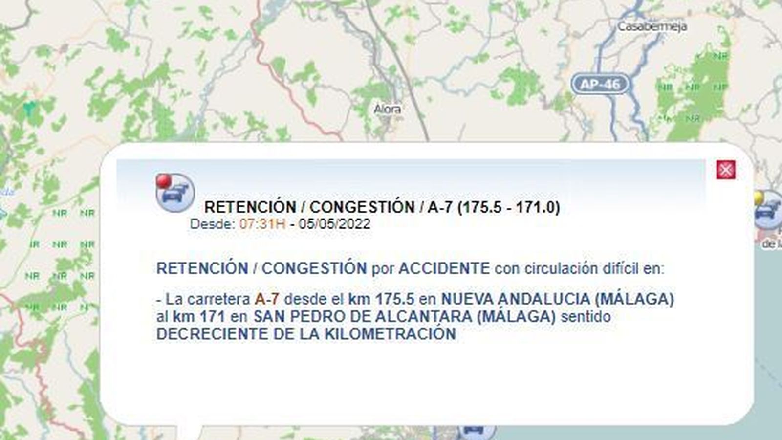 Información de Tráfico en la zona del accidente.