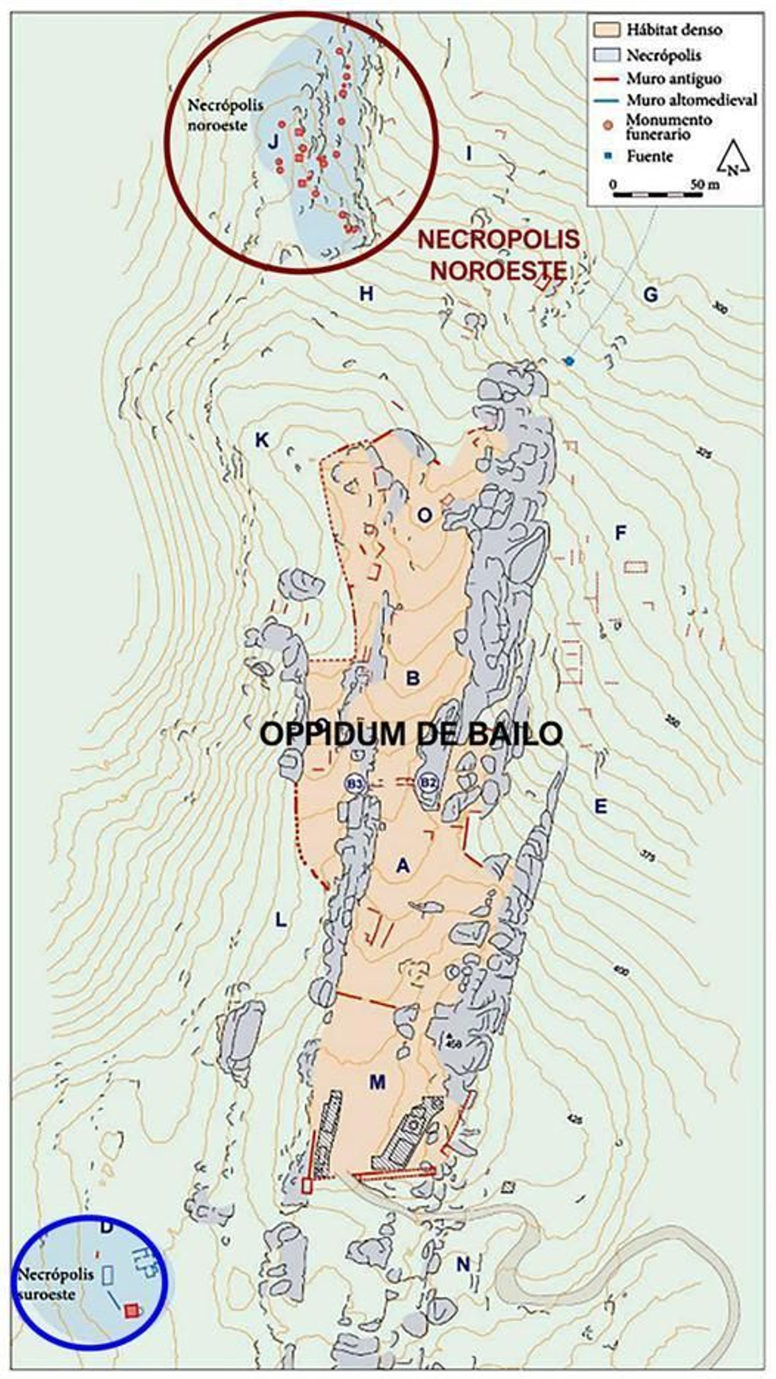 Situación del oppidum de Bailo y la Necrópolis noroeste.