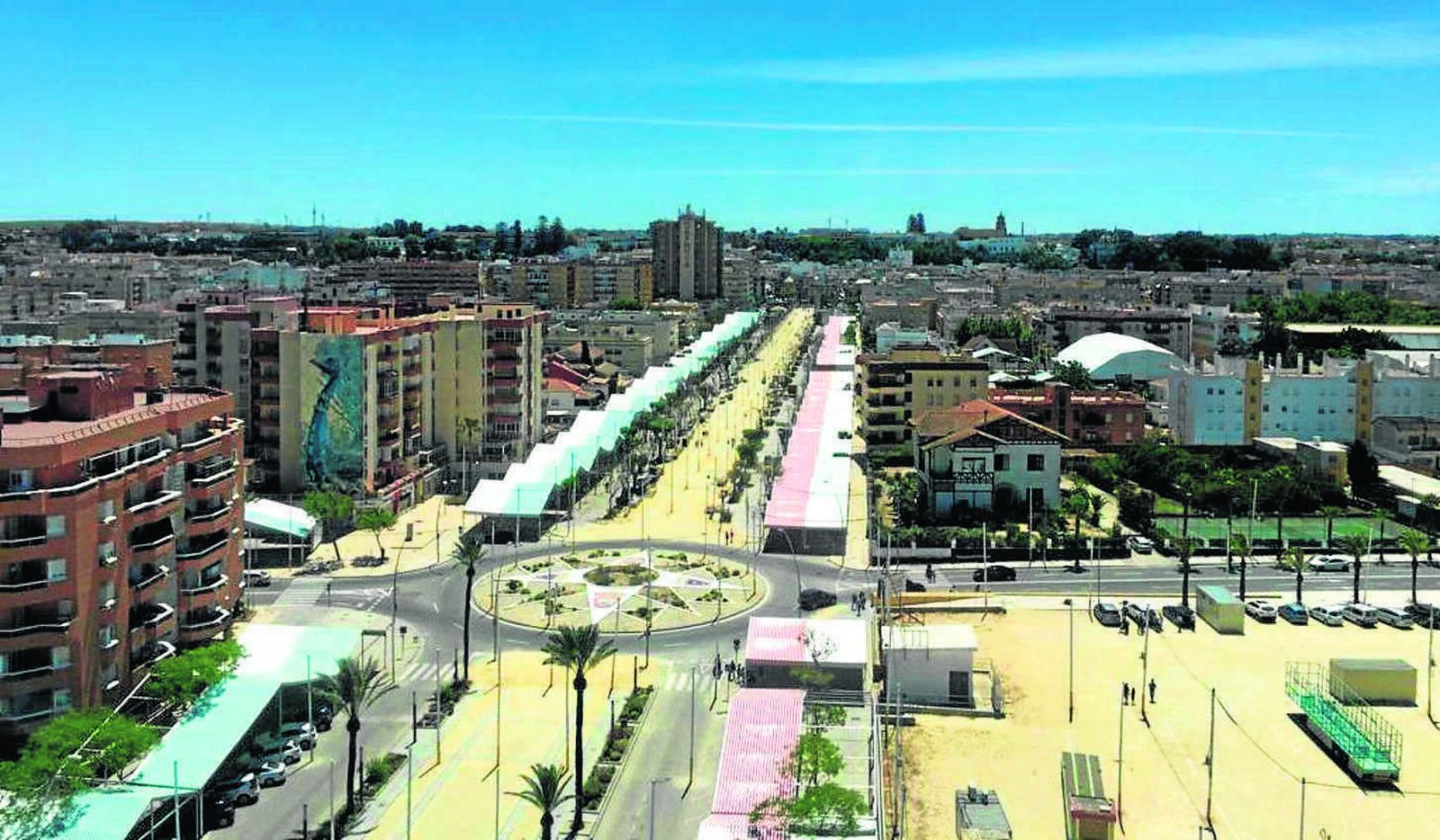Vista aérea del recinto que acoge el Real de la Feria de la Manzanilla.