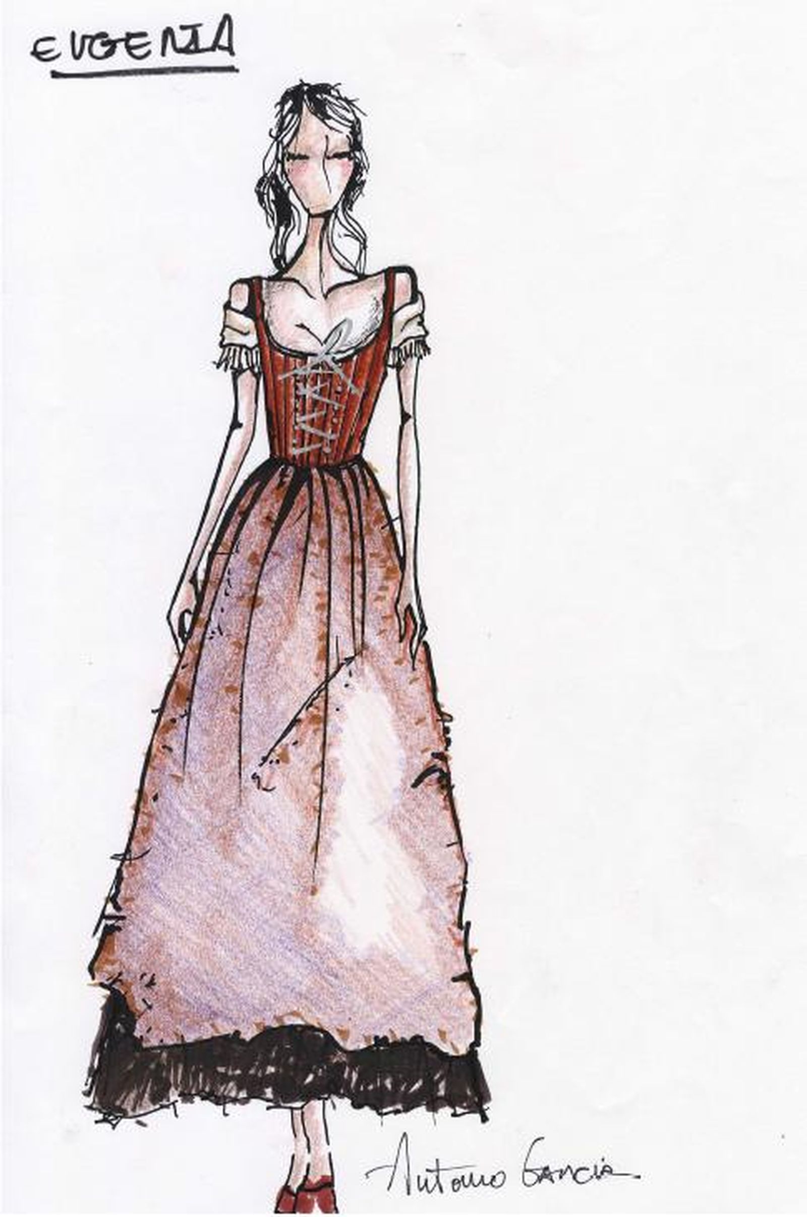 Figurín de uno de los estilismos del personaje de Eugenia, en la Peste.