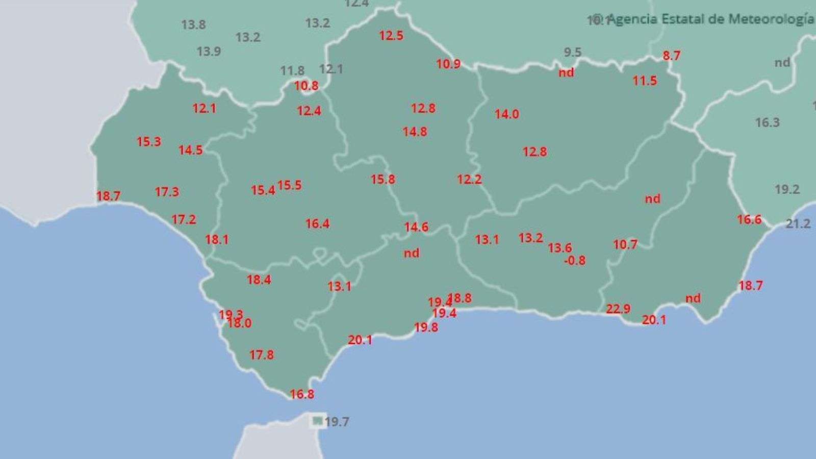 Mapa de las temperaturas máximas este martes en Andalucía.