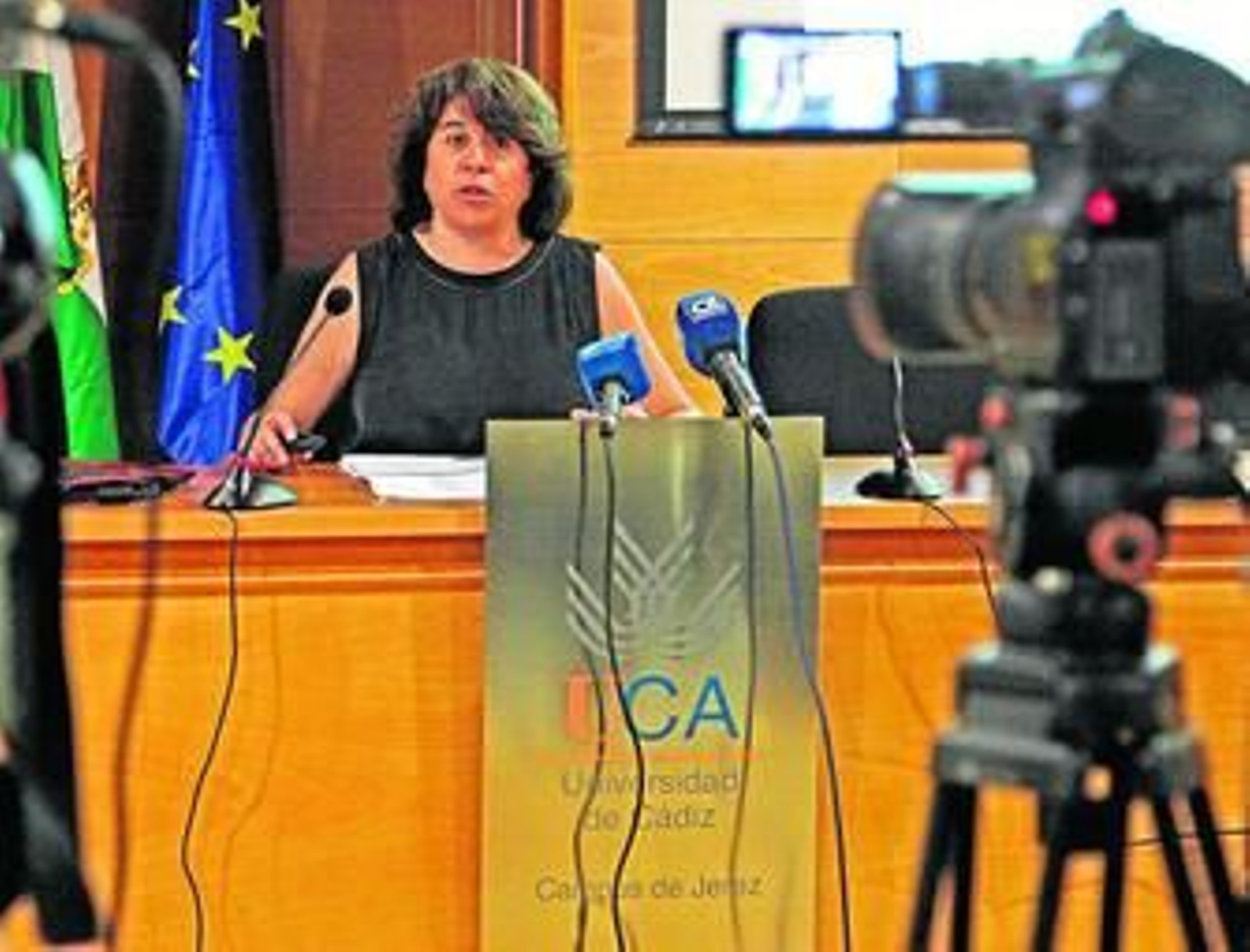 Concha Valero, vicerrectora de Alumnado de la UCA, ayer en el Campus de Jerez presentando la Selectividad.