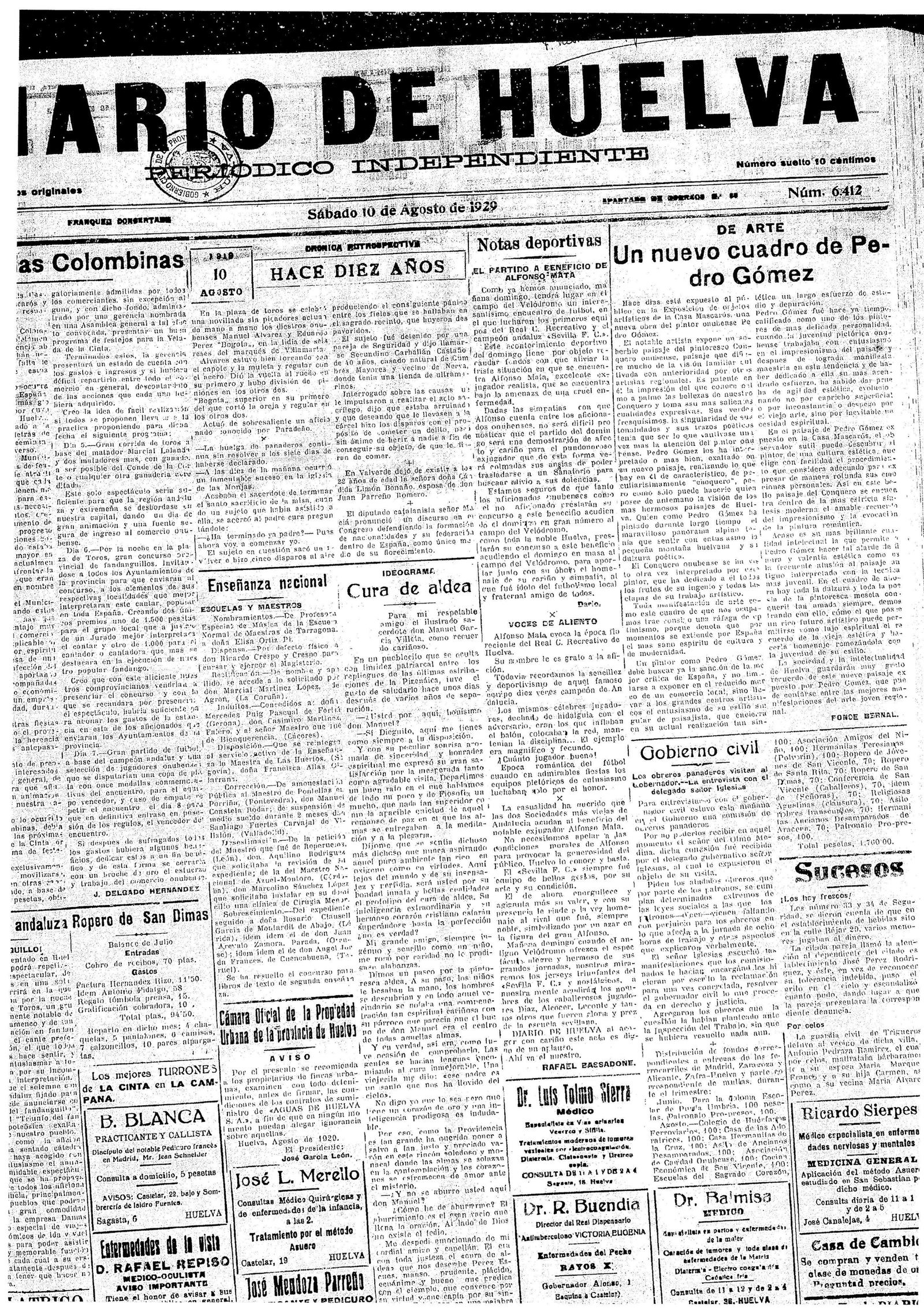 Diario de Huelva, 10 de agosto de 1929.