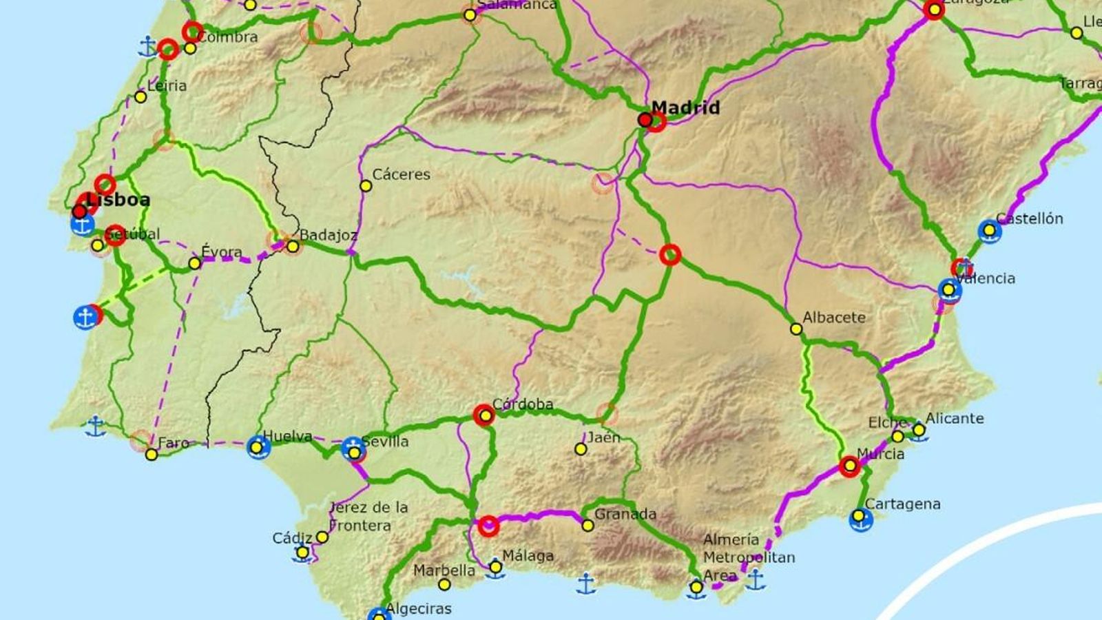 Mapa de la red de ferrocarril de mercancías de la RTET.