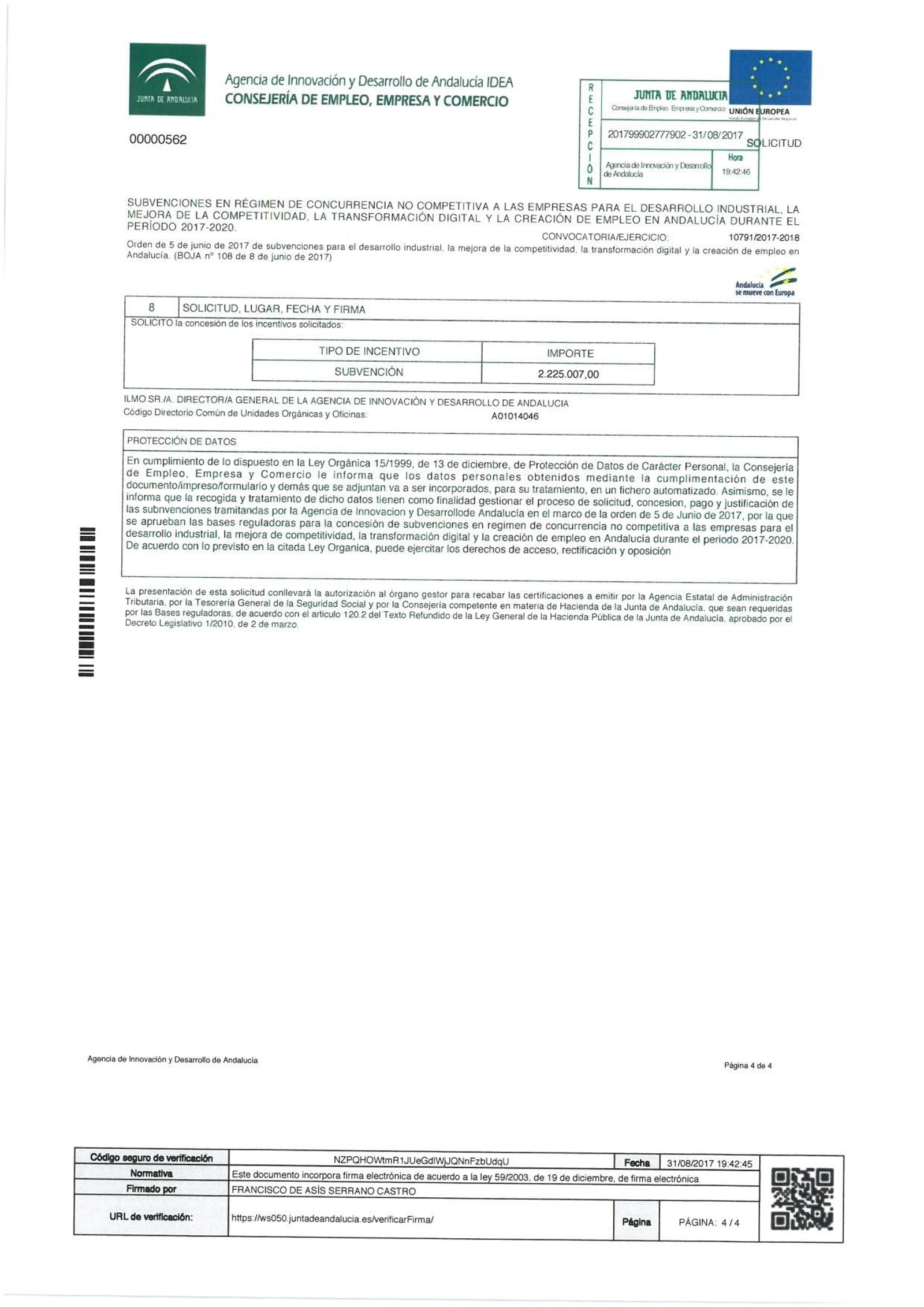 El importe de la solicitud de la ayuda ascendía a 2,2 millones.