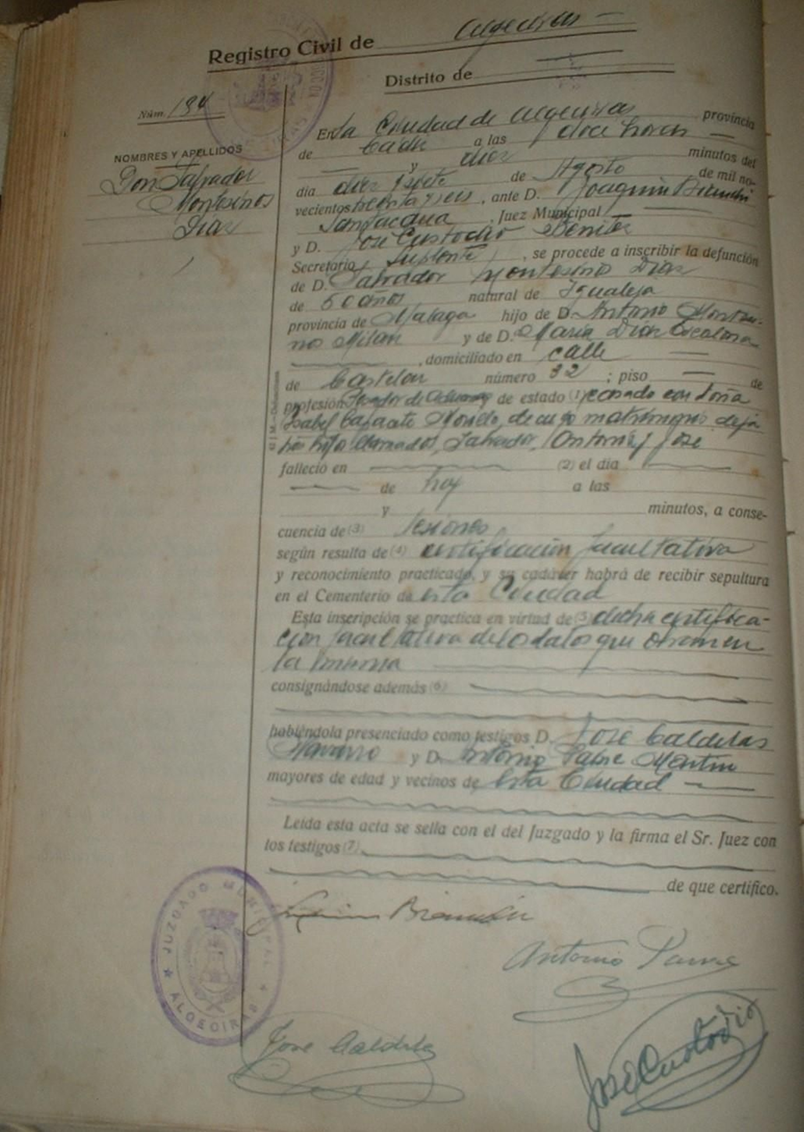 Partida de defunción del fusilamiento del alcalde de Algeciras, Salvador Montesinos. Agosto de 1936 Partida de defunción del fusilamiento del alcalde de Algeciras, Salvador Montesinos. Agosto de 1936