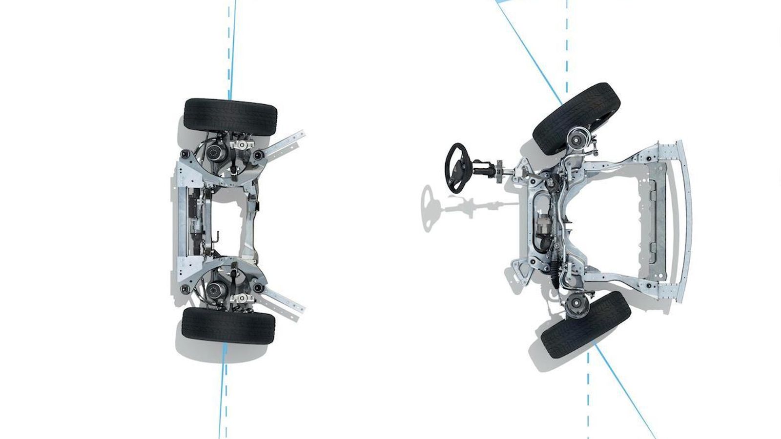 Sólo las versiones full hybrid del Austral dispondrán del motor eléctrico del eje trasero que trabaja como actuador para mover las ruedas hasta 5º en sentido contrario a las delanteras si estas se mueven entre topes, girando 35º.