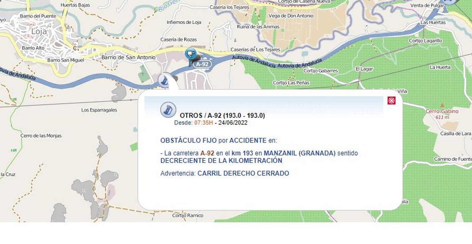 Un accidente de tráfico en la A-92 en Loja deja al menos una persona herida