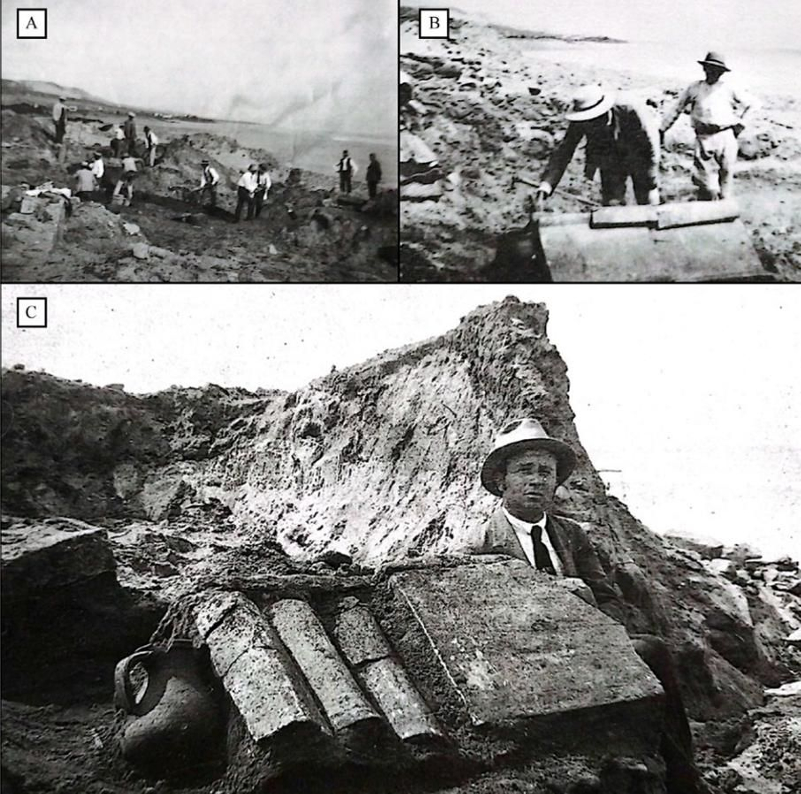 Material fotográfico procedente de las excavaciones de la necrópolis este de Baelo Claudia (1917-1921).  Ordenadas de A a C: excavaciones de la necrópolis este y Pierre Paris junto a una de las tumbas que aparecieron en la intervención.