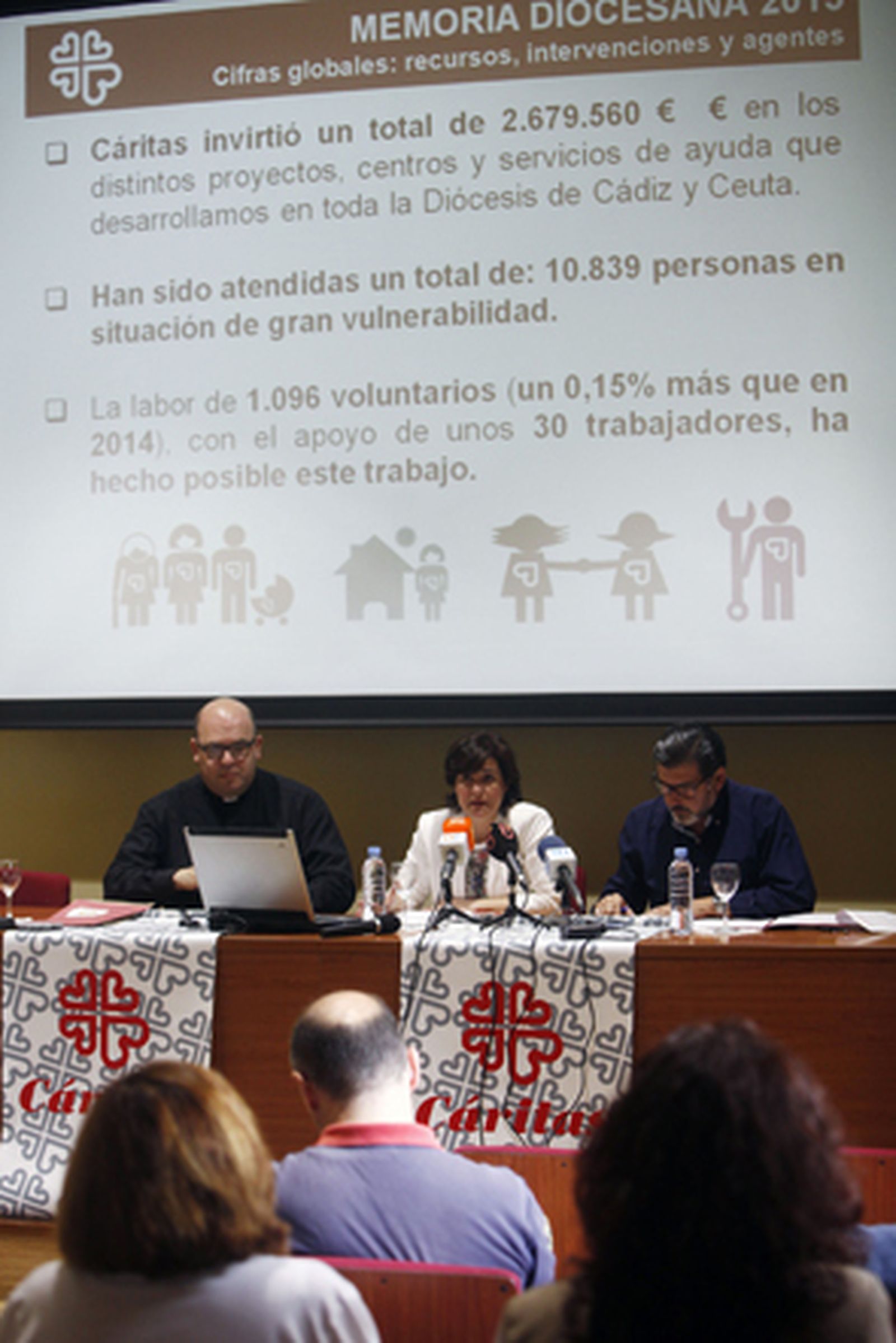 El delegado episcopal Alfonso Gutiérrez y la directora diocesana de Cáritas María del Mar Manuz presentaron la memoria de Cáritas 2015. /Jesús Marín