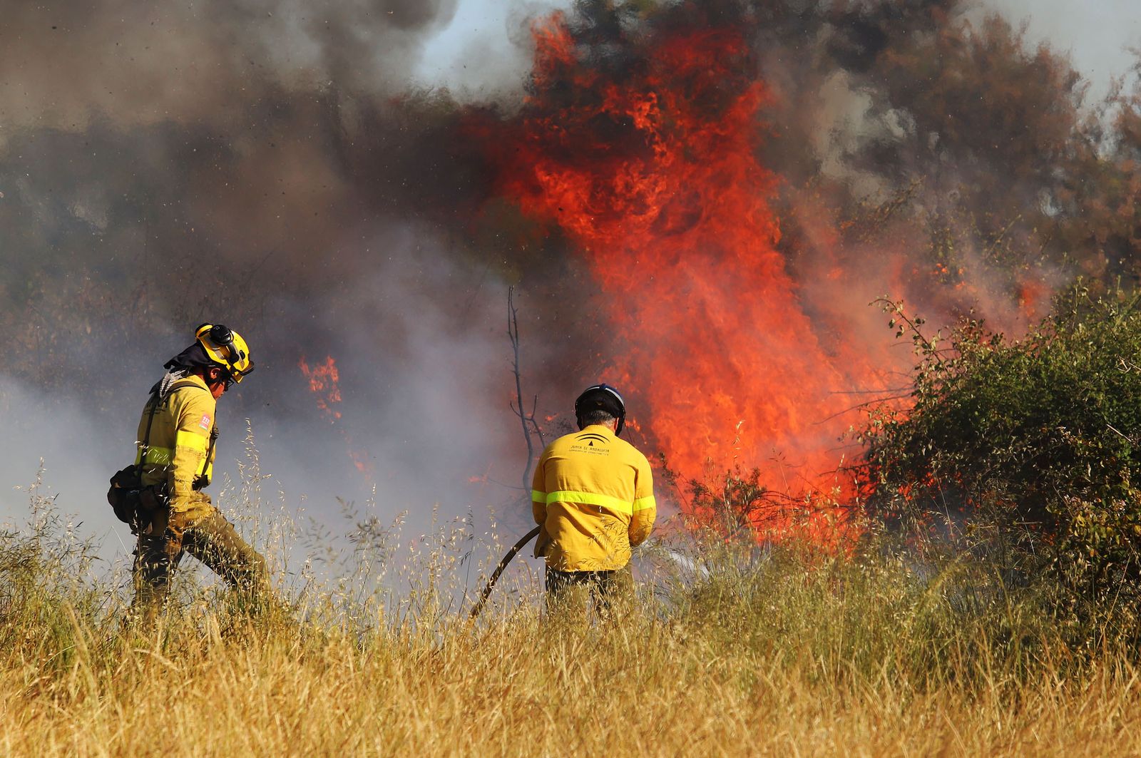 Dos bomberos en la extinción del fuego de Los Mimbrales.