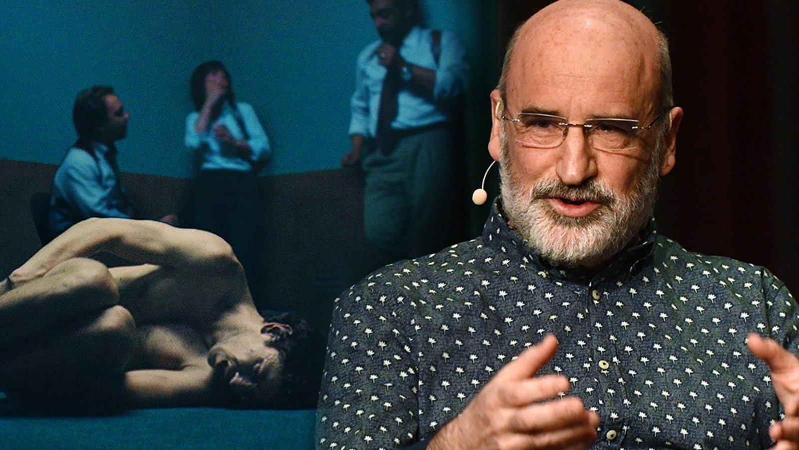 Fernando Aramburu, frente a una parte del cartel promocional de 'Patria'.