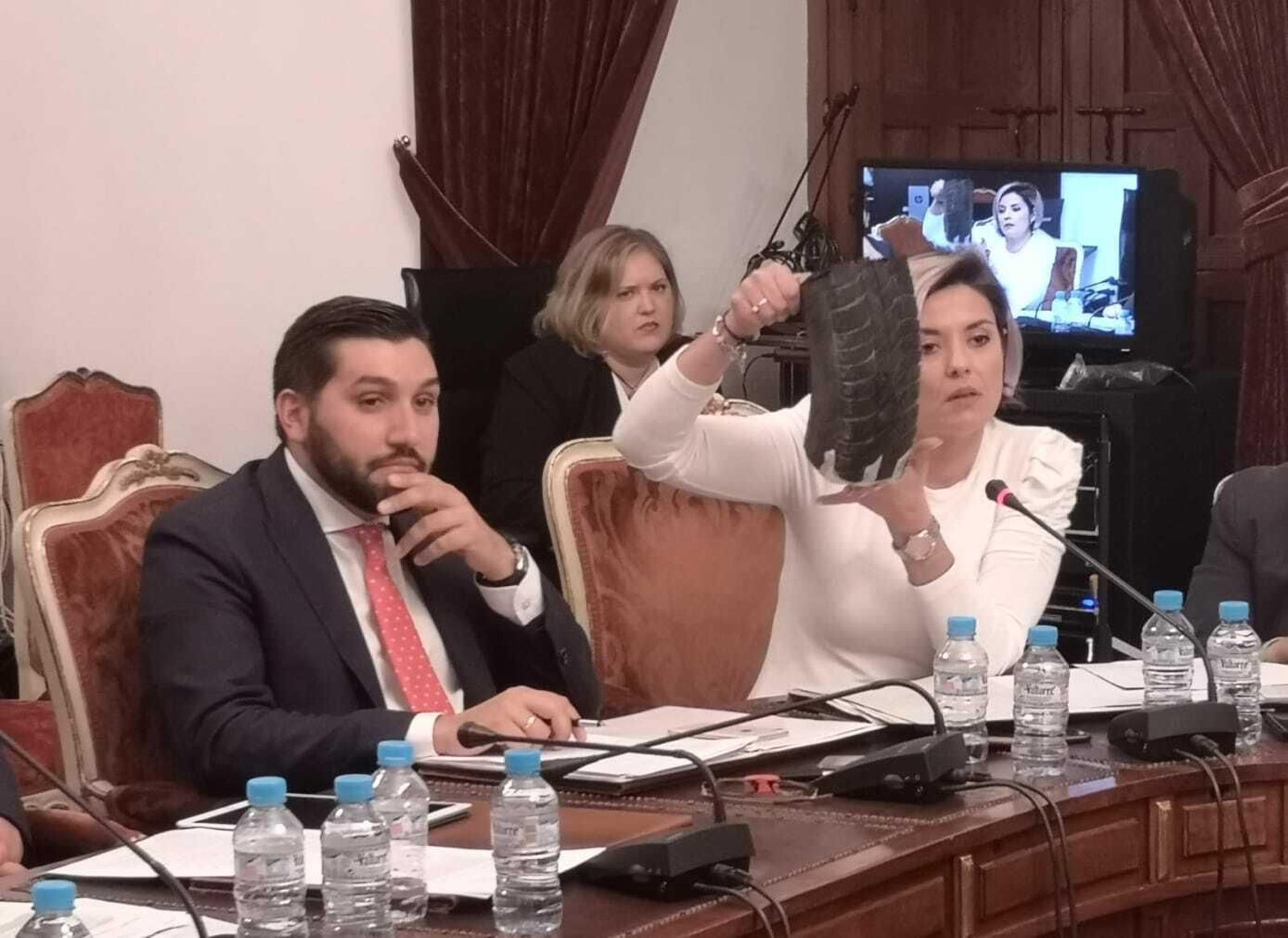 La diputada de Cs Erika Nevado muestra un trozo de neumático.