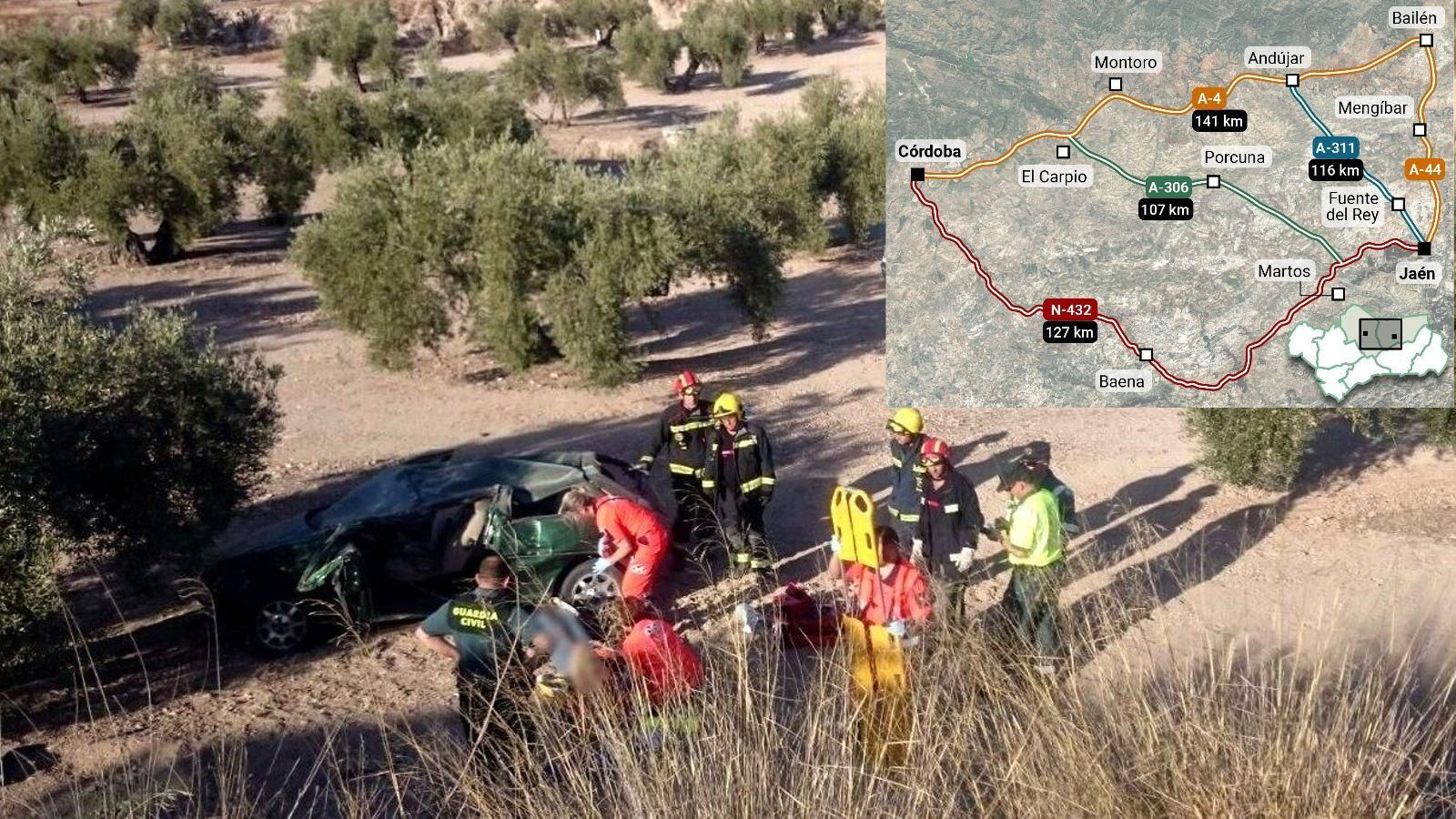 Accidente en la A-311 junto a mapa con las conexiones por carreteras entre Jaén y Córdoba.