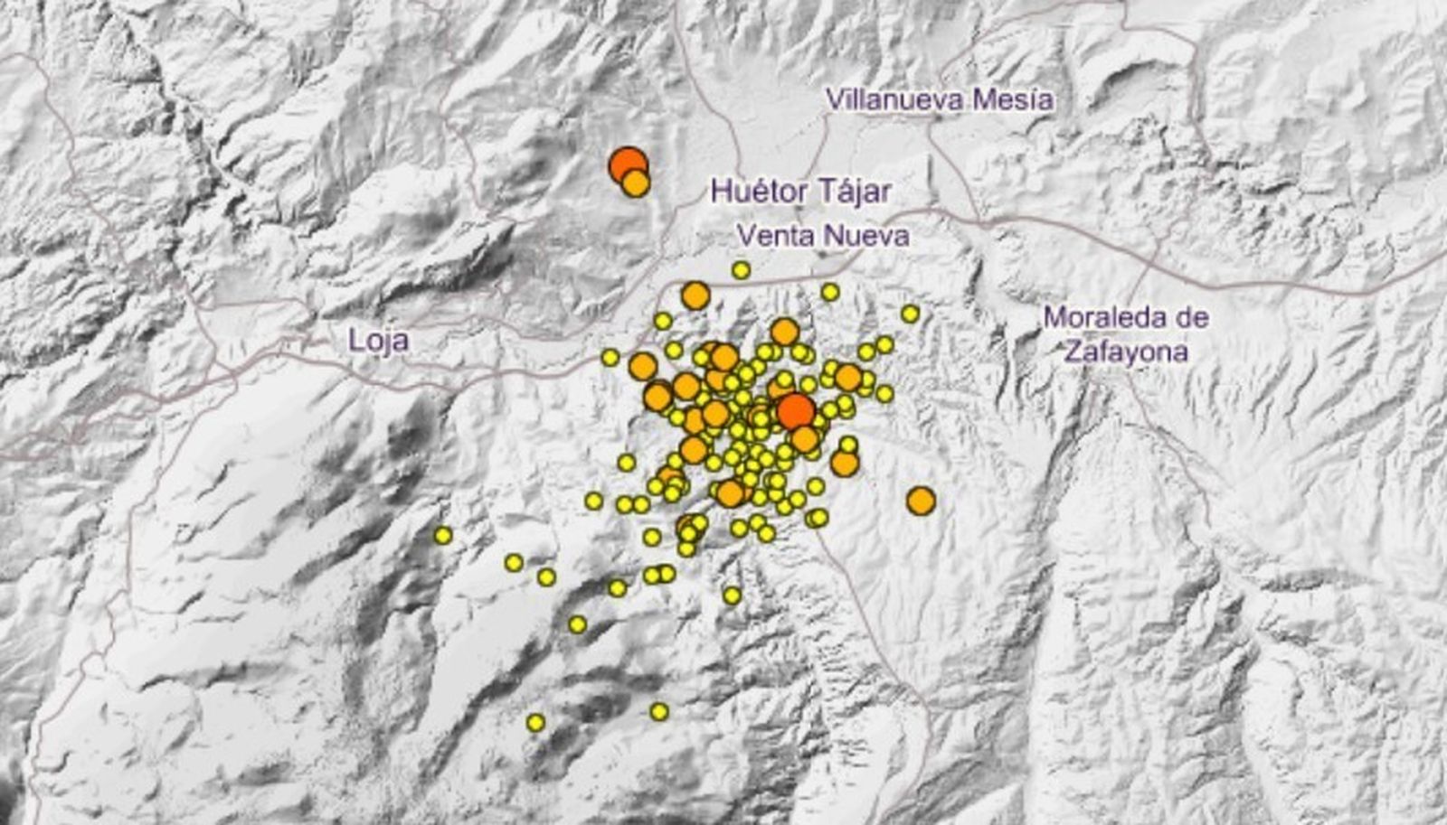 Cada punto indica un terremoto. En naranja y rojo, los más intensos.
