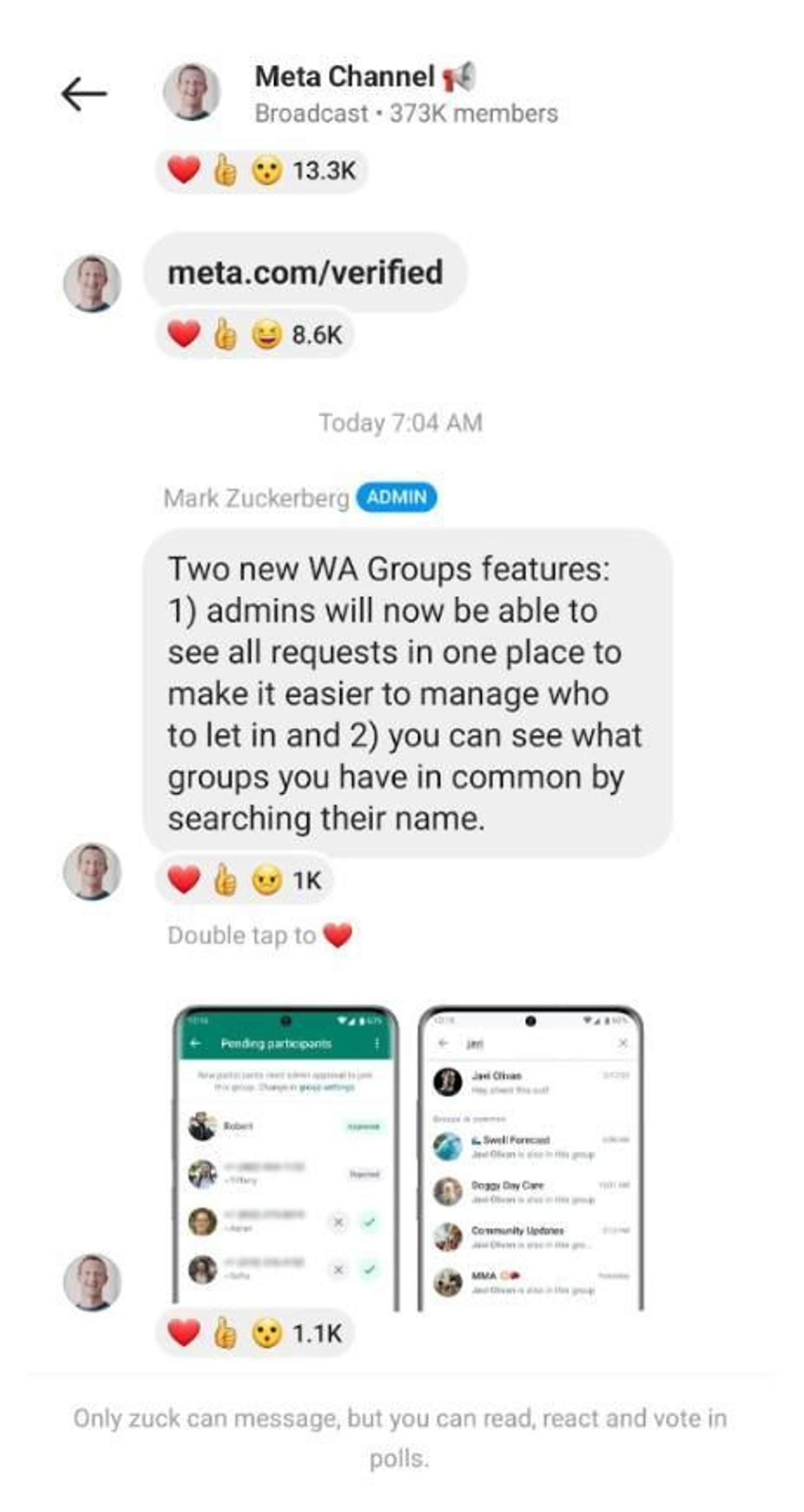 Mark Zuckerberg anuncia las novedades en los grupos de WhatsApp.