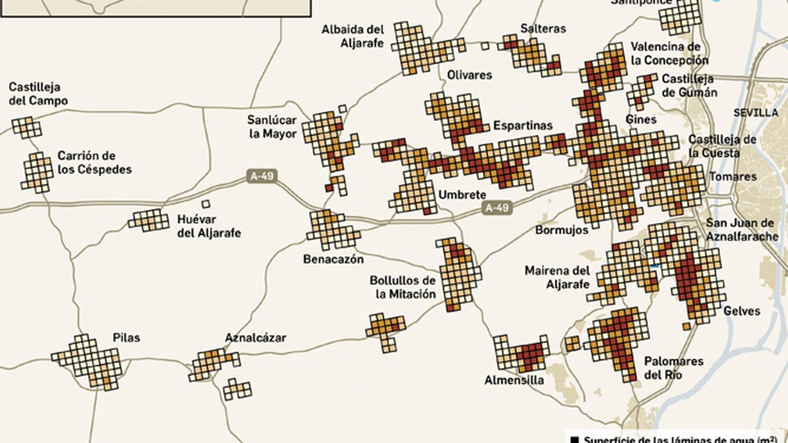 Mapa de densidad de piscinas en el Aljarafe. Fuente: UPO