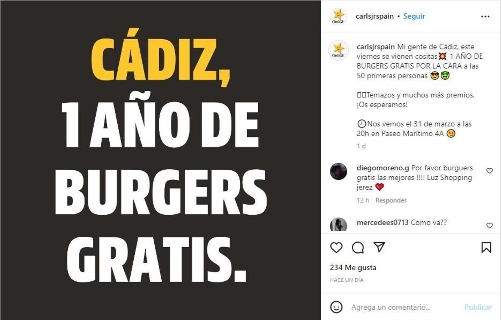 La promoción de apertura de Carl's Jr. en Cádiz, en su página de Instagram.