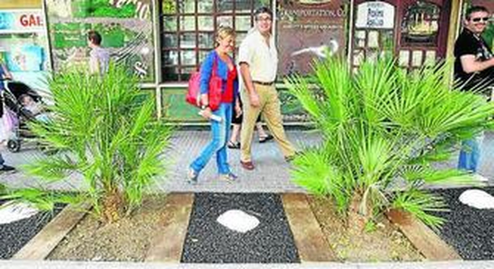 La edil Carmen Obregón y un técnico de su delegación observan un parterre.