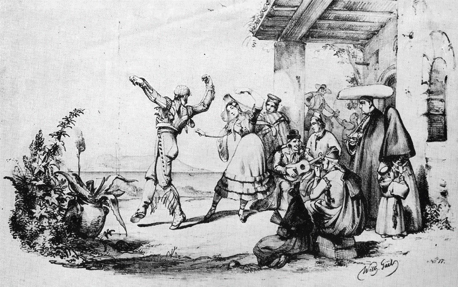 Grabado del bolero en Algeciras, de Gail-München, en el que puede verse una mujer ataviada de manto y saya.