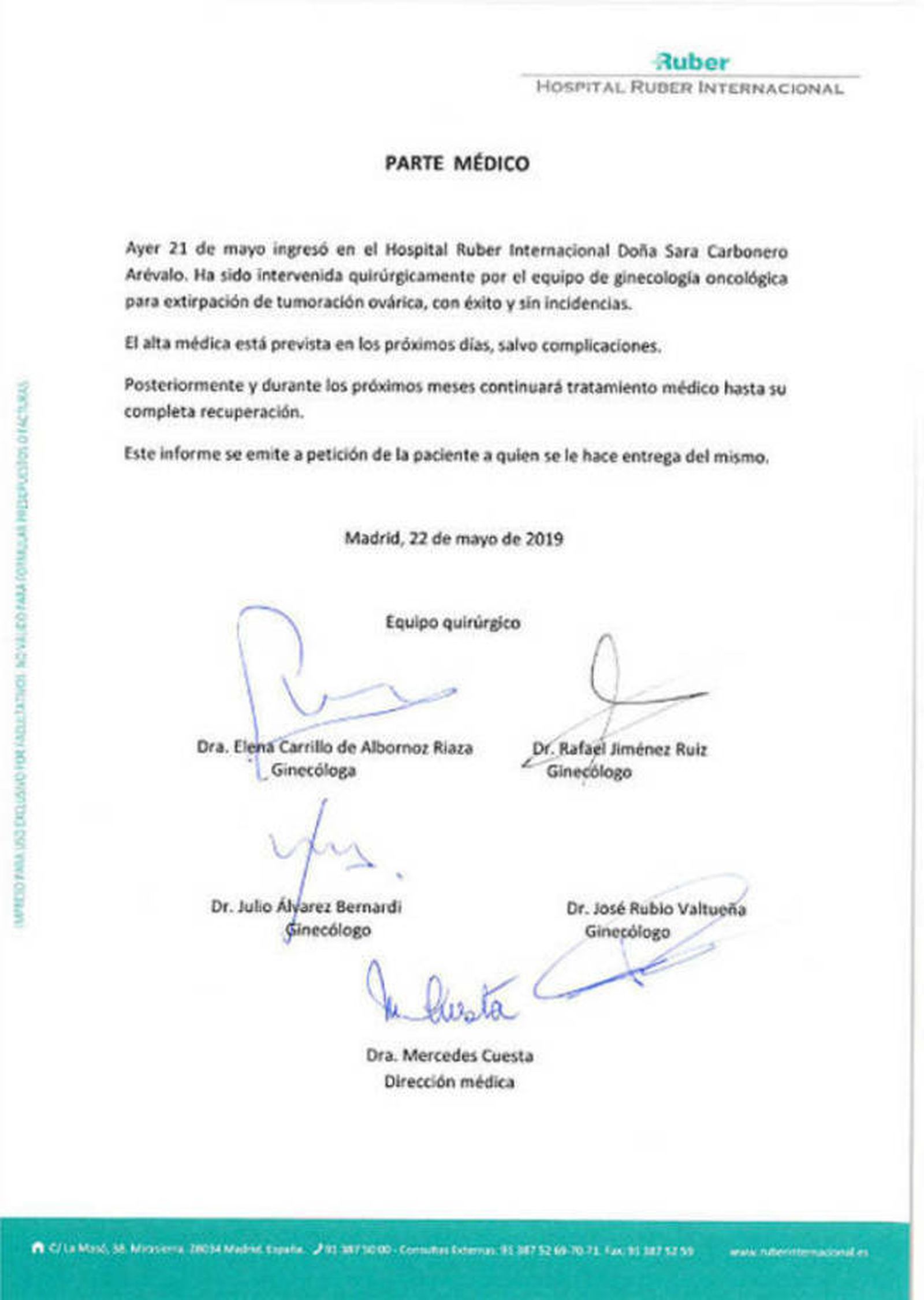 Parte médico de la Clínica Ruber Internacional.