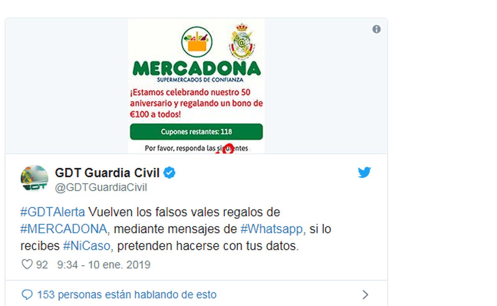 Captura del tuit de Grupo de Delitos Telemáticos de la Guardia Civil