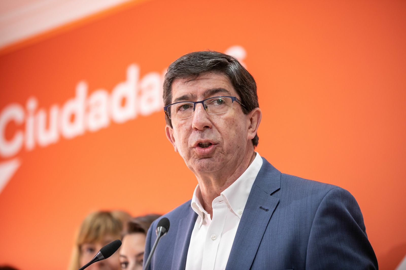 El vicepresidente de la Junta, Juan Marín, durante su comparecencia en la sede regional de Cs.